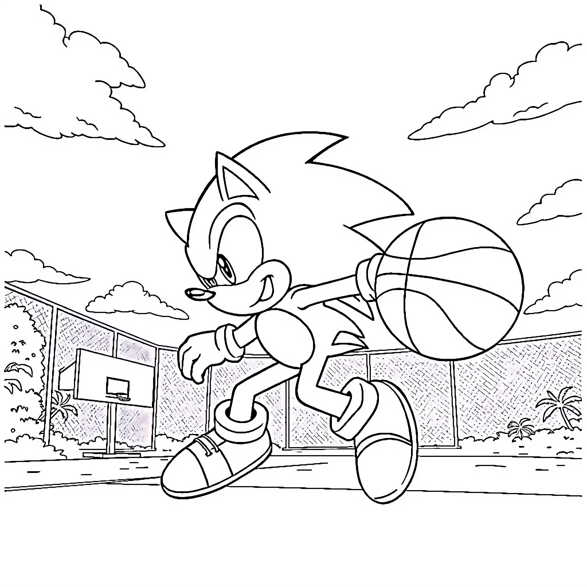 Sonic running on the basketball court Coloring Page (free black-and-white line drawing printable PDF for all, from beginners to advanced learners, including children, teens, adults, and seniors)