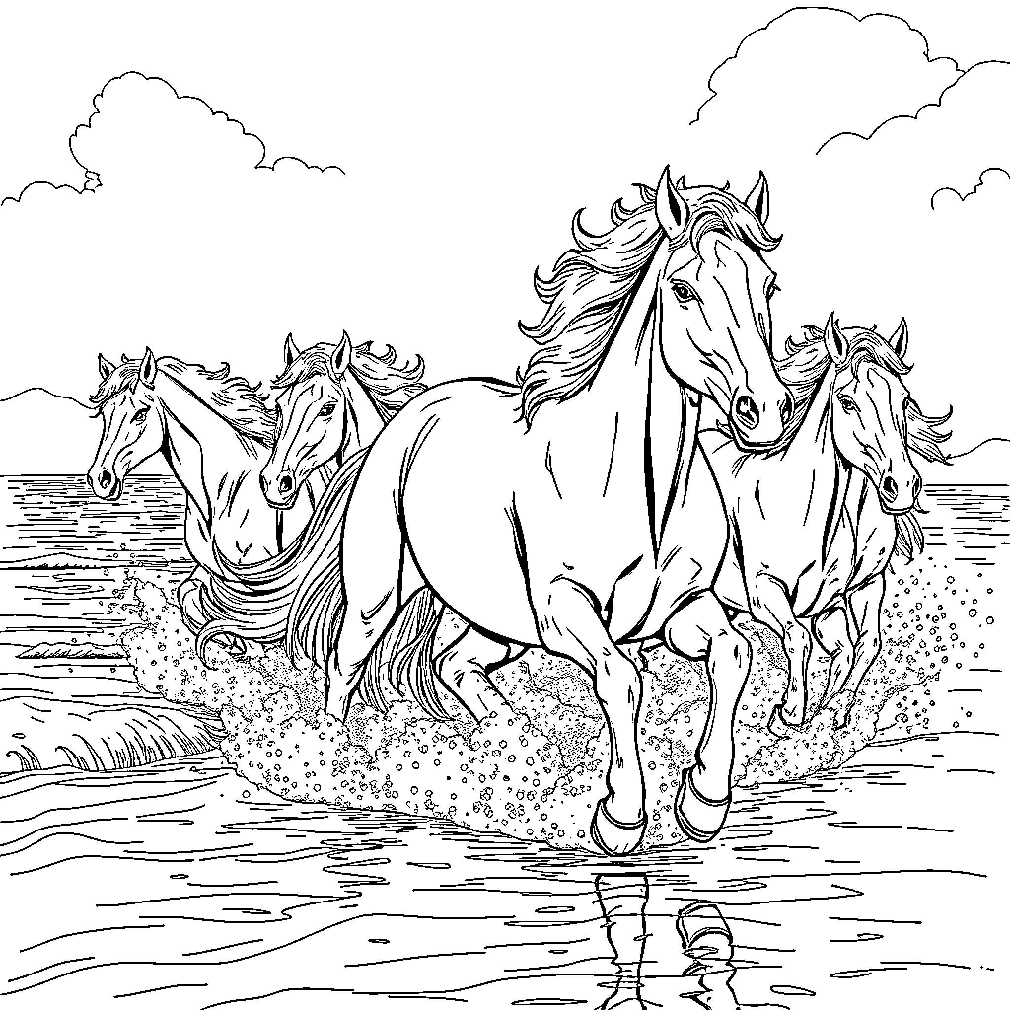 Horse herd running through water with clouds Coloring Page (free black-and-white line drawing printable PDF for all, from beginners to advanced learners, including children, teens, adults, and seniors)