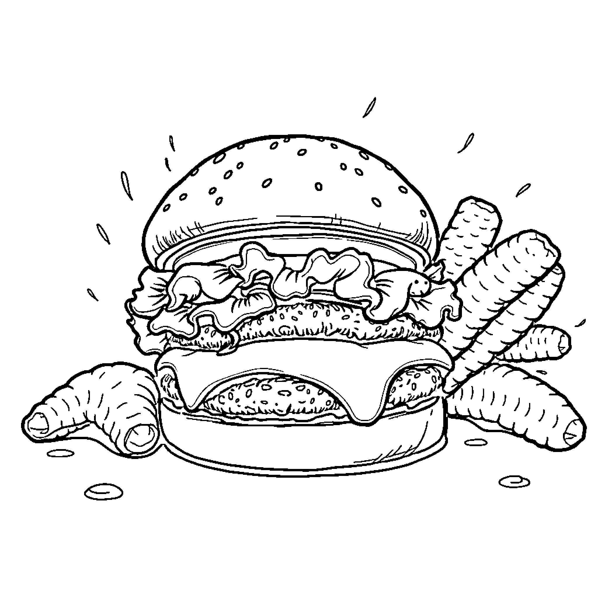 Burger with Unusual Toppings and Accents Coloring Page (free black-and-white line drawing printable PDF for all, from beginners to advanced learners, including children, teens, adults, and seniors)