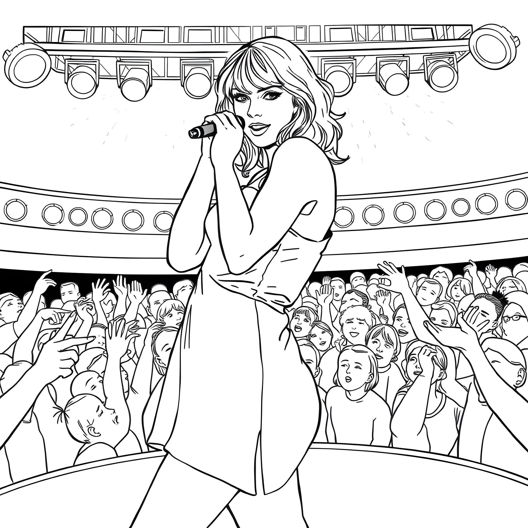 Taylor Swift performing passionately on stage Coloring Page (free black-and-white line drawing printable PDF for all, from beginners to advanced learners, including children, teens, adults, and seniors)