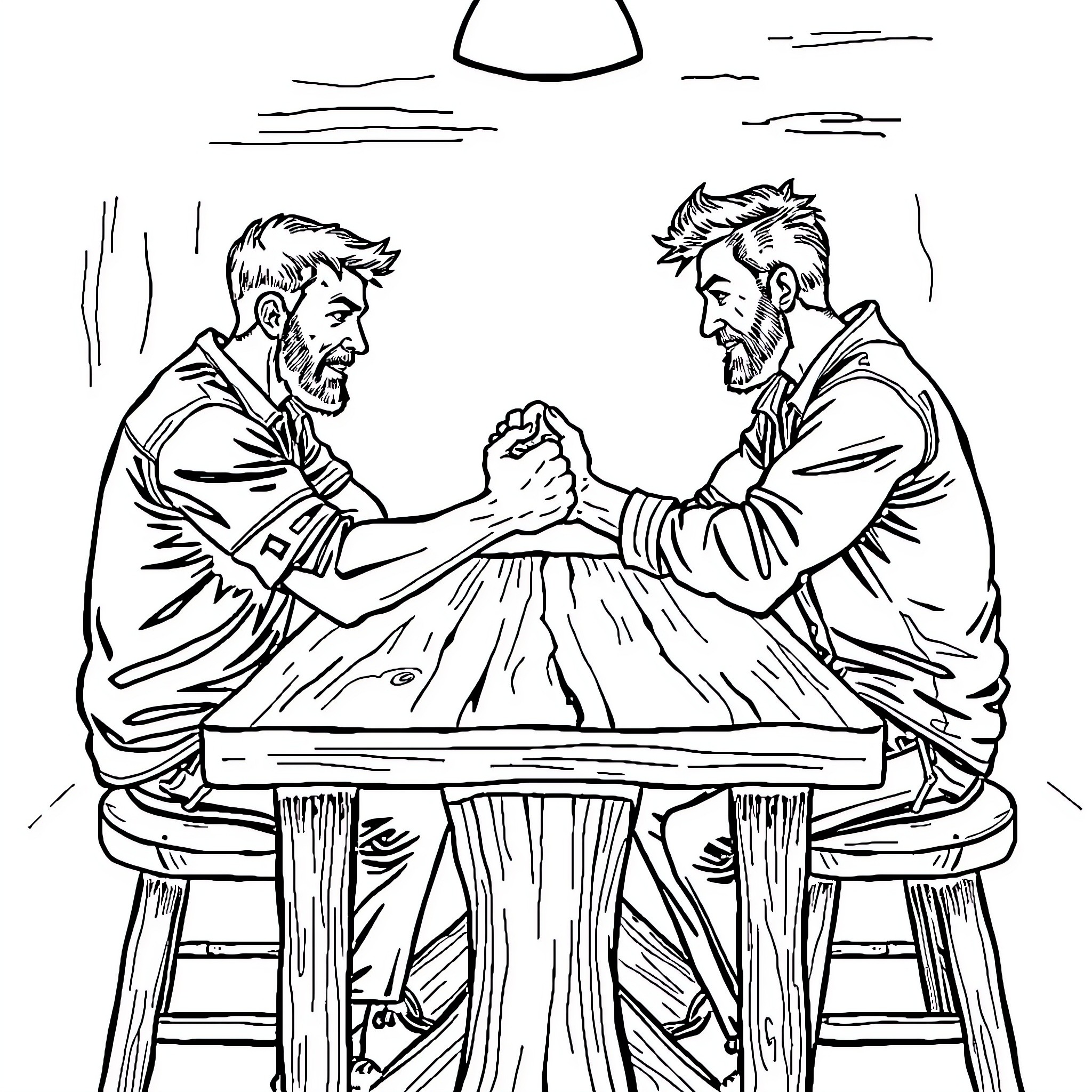Arm Wrestling Match Between Competitors Coloring Page (free black-and-white line drawing printable PDF for all, from beginners to advanced learners, including children, teens, adults, and seniors)