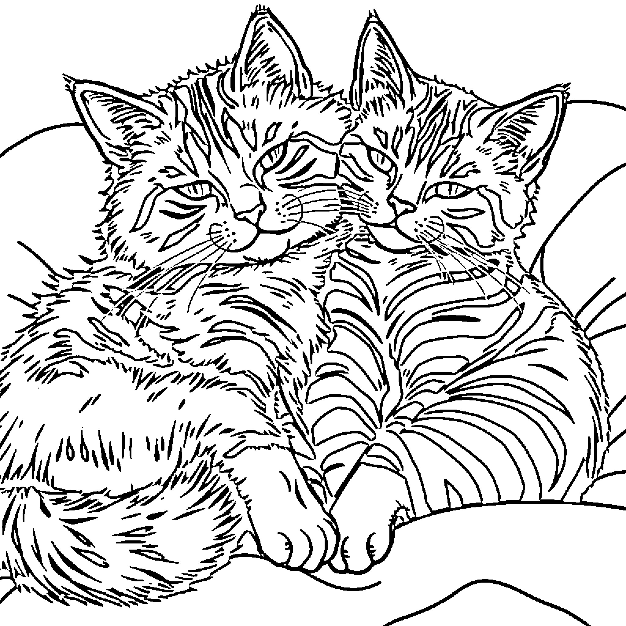 Cat cuddling close with another feline friend Coloring Page (free black-and-white line drawing printable PDF for all, from beginners to advanced learners, including children, teens, adults, and seniors)