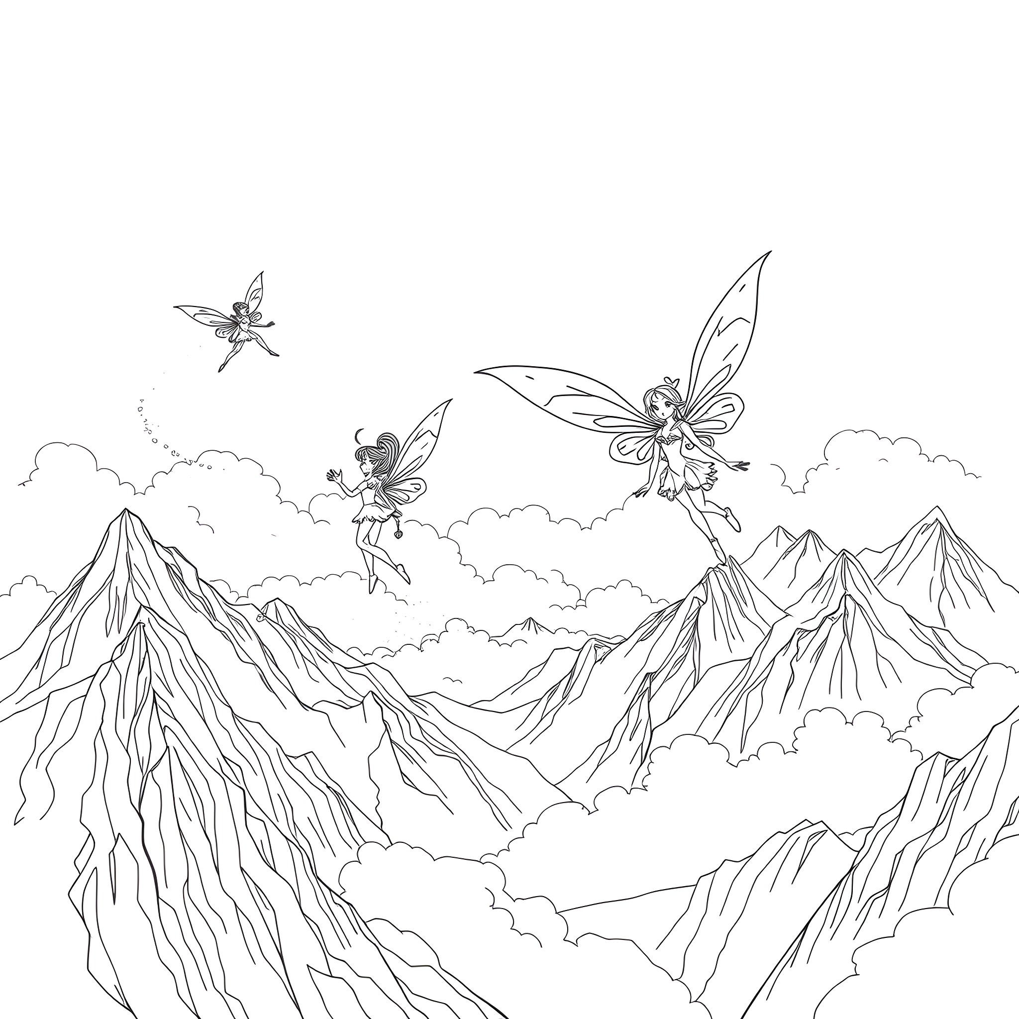 Winx Club fairies flying over magical mountain landscape Coloring Page (free black-and-white line drawing printable PDF for all, from beginners to advanced learners, including children, teens, adults, and seniors)