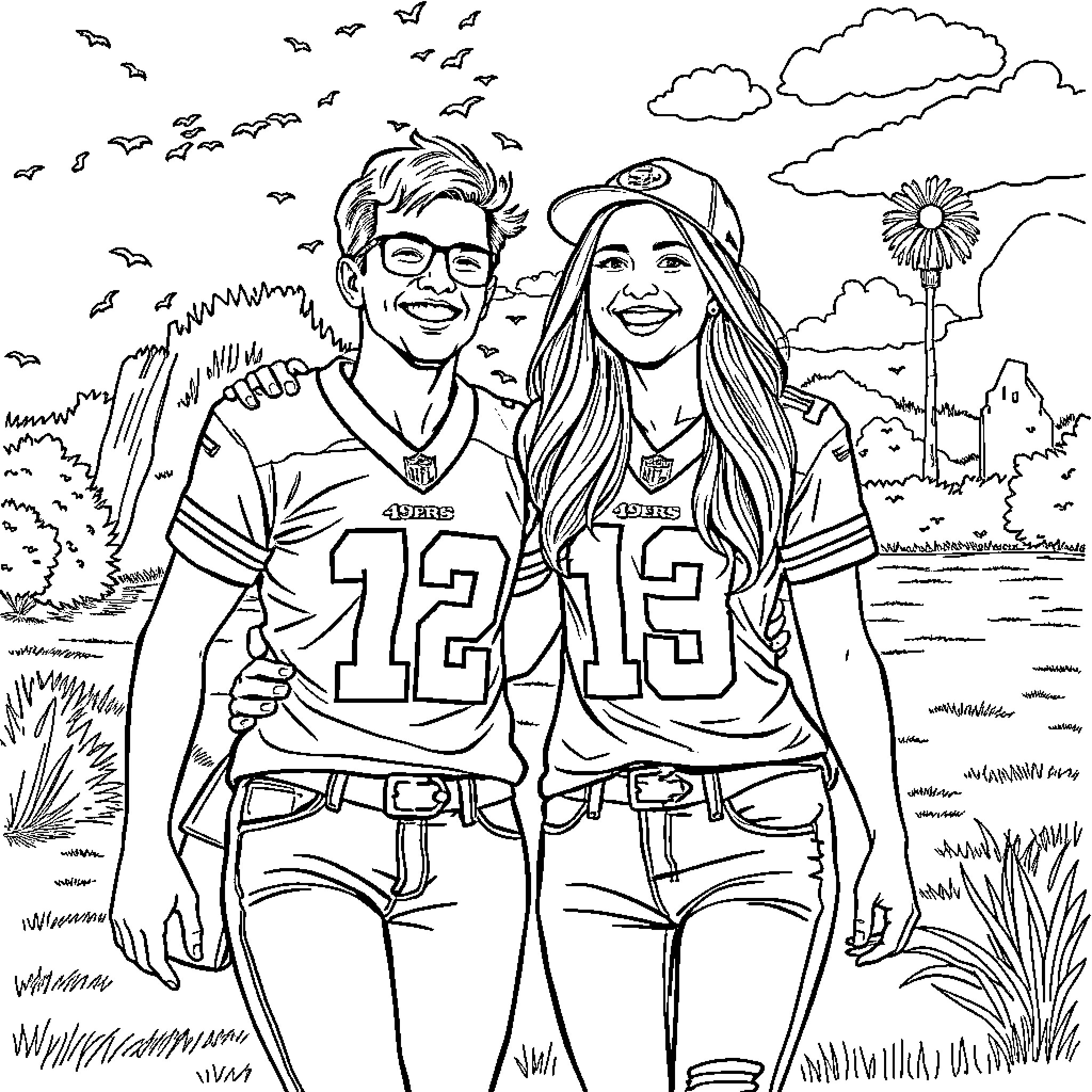 Woman and man in sports jerseys posing happily outdoors Coloring Page (free black-and-white line drawing printable PDF for all, from beginners to advanced learners, including children, teens, adults, and seniors)