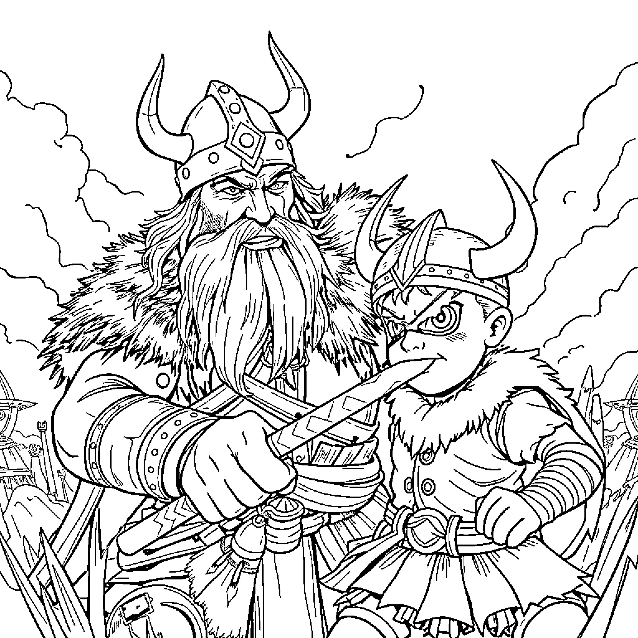 Viking Warriors Engaged in Battle Coloring Page (free black-and-white line drawing printable PDF for all, from beginners to advanced learners, including children, teens, adults, and seniors)