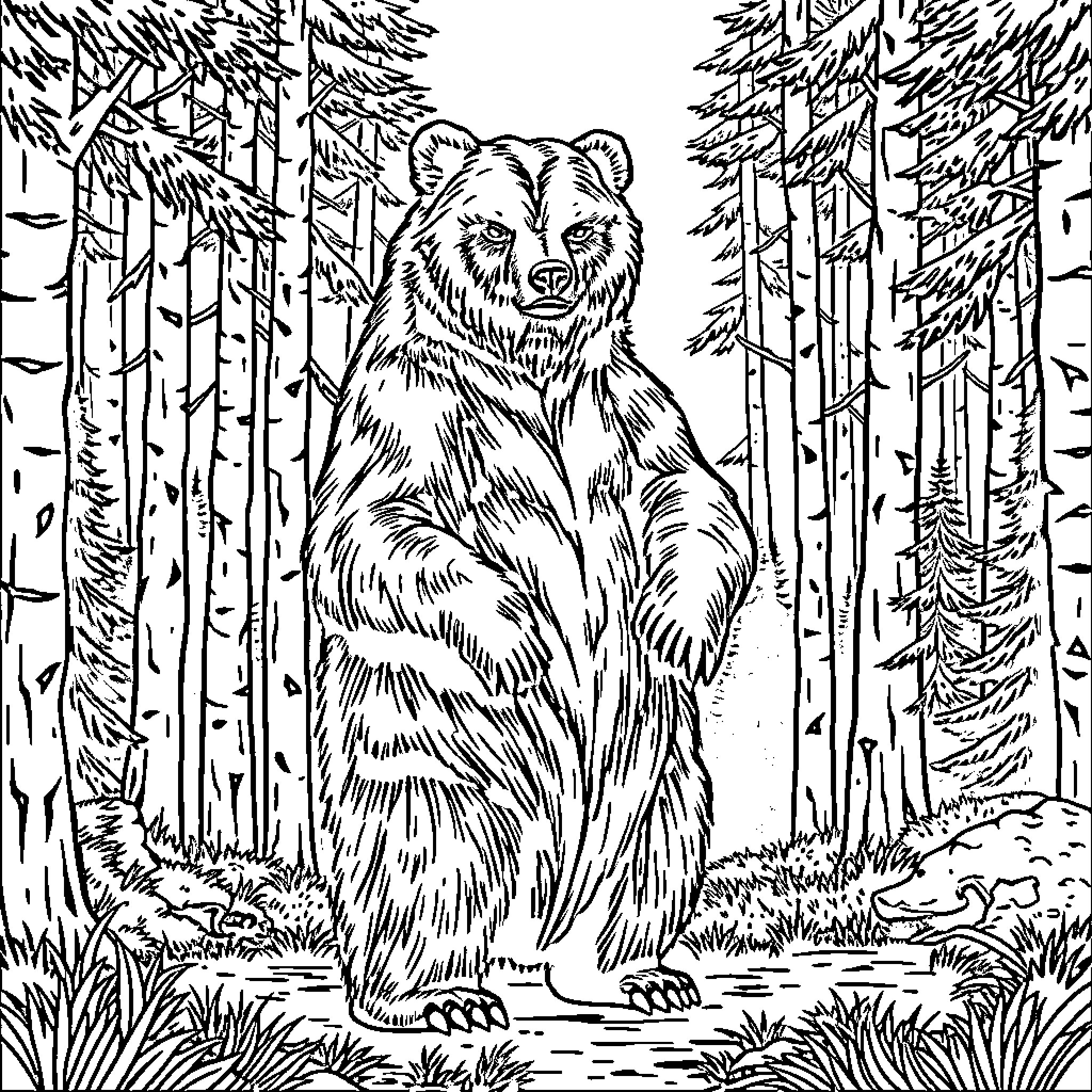 Bear standing alone in the forest Coloring Page (free black-and-white line drawing printable PDF for all, from beginners to advanced learners, including children, teens, adults, and seniors)