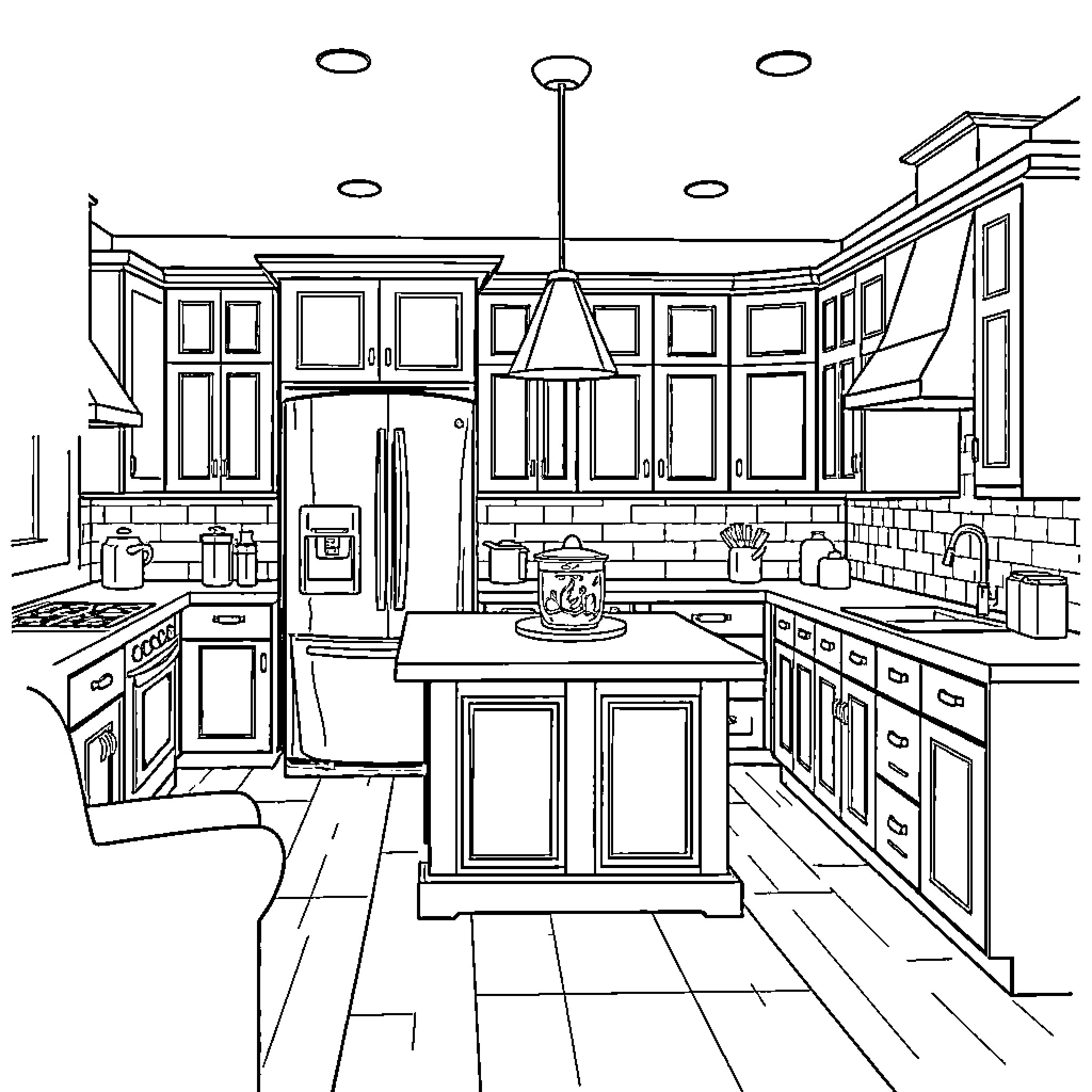 Kitchen with modern appliances and cozy atmosphere Coloring Page (free black-and-white line drawing printable PDF for all, from beginners to advanced learners, including children, teens, adults, and seniors)