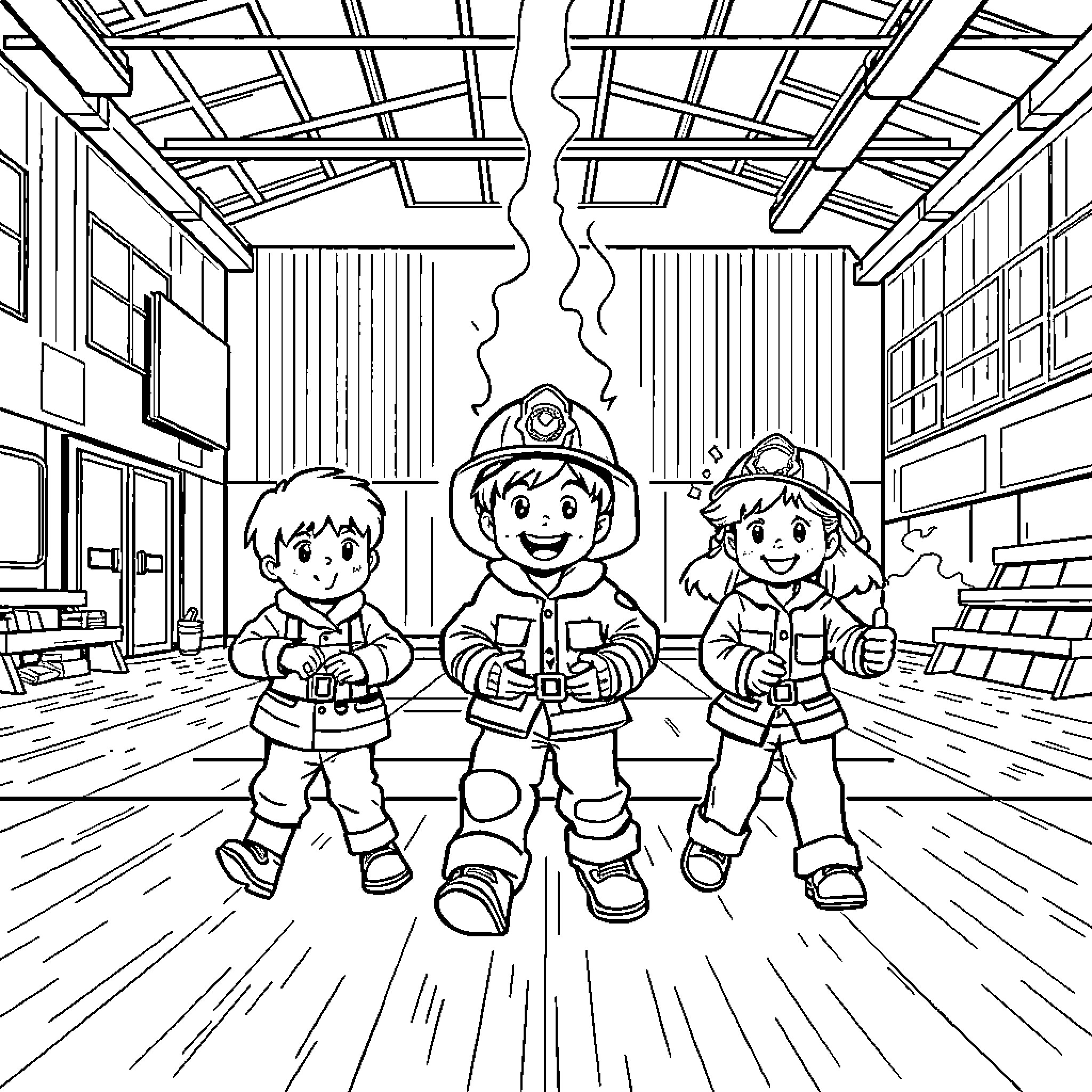 Kid Firefighters Exploring Fire Station Coloring Page (free black-and-white line drawing printable PDF for all, from beginners to advanced learners, including children, teens, adults, and seniors)