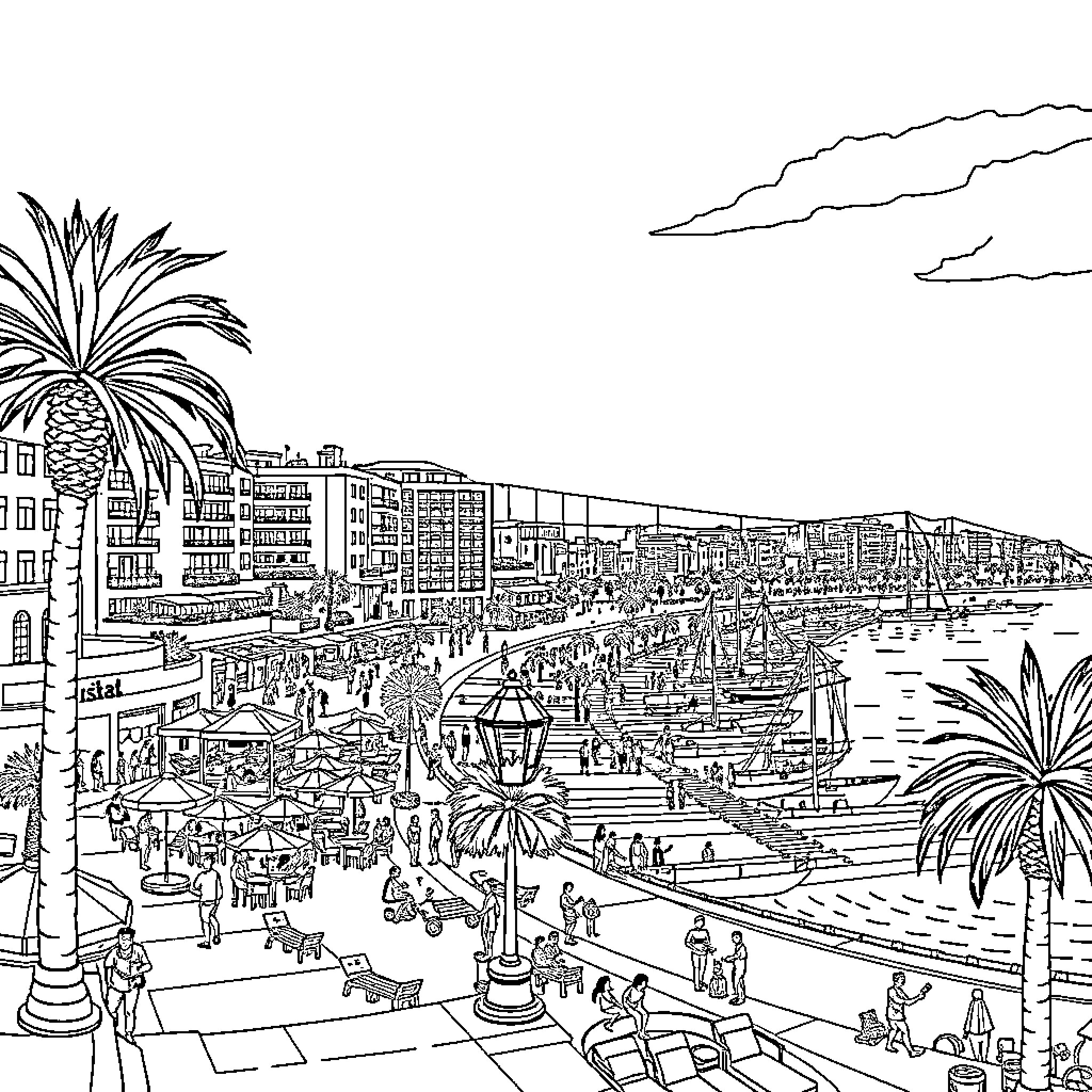 Herzliya: Bustling Seaside Promenade with People, Buildings, and Palm Trees Coloring Page (free black-and-white line drawing printable PDF for all, from beginners to advanced learners, including children, teens, adults, and seniors)