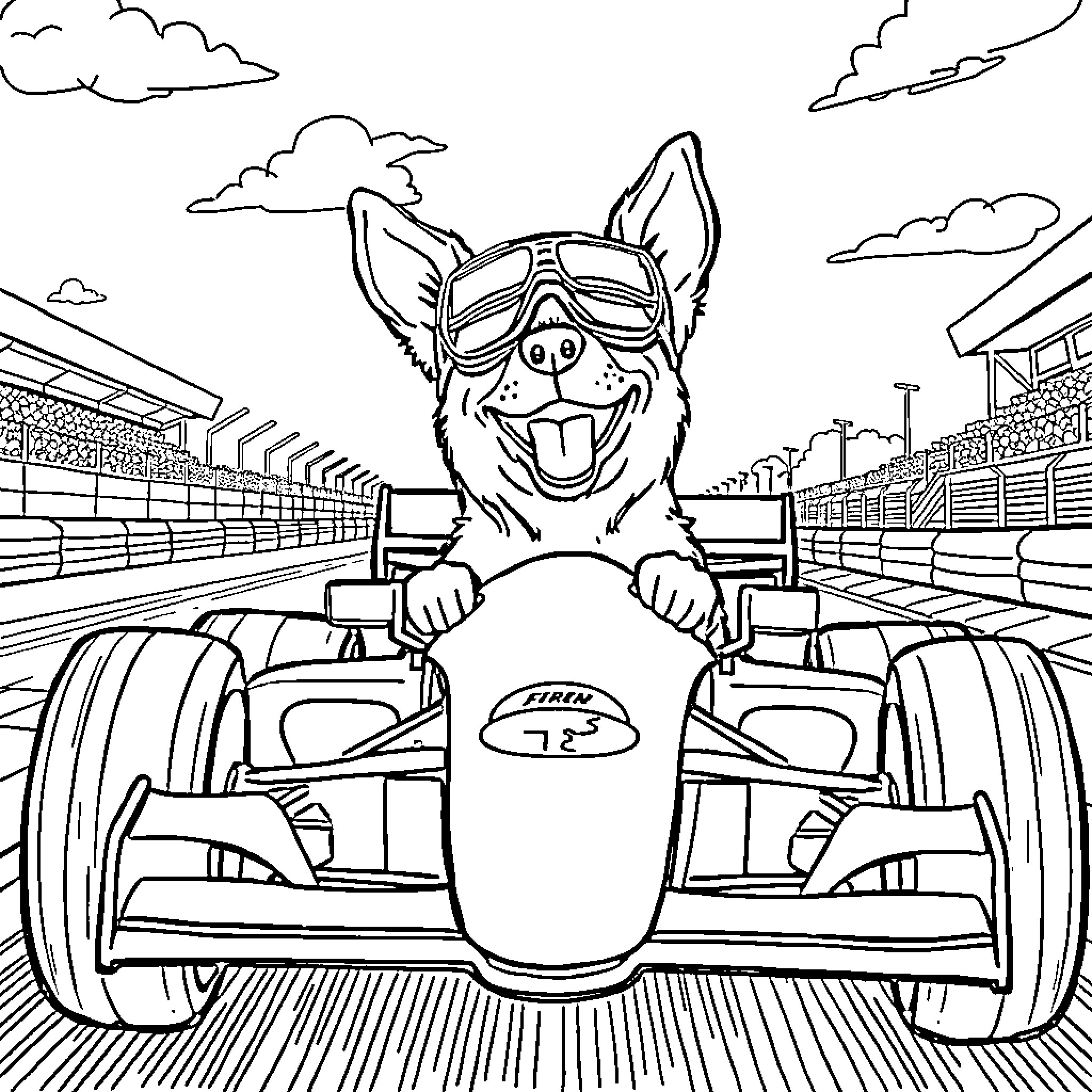 Dog racing excitedly in a Formula 1 car Coloring Page (free black-and-white line drawing printable PDF for all, from beginners to advanced learners, including children, teens, adults, and seniors)