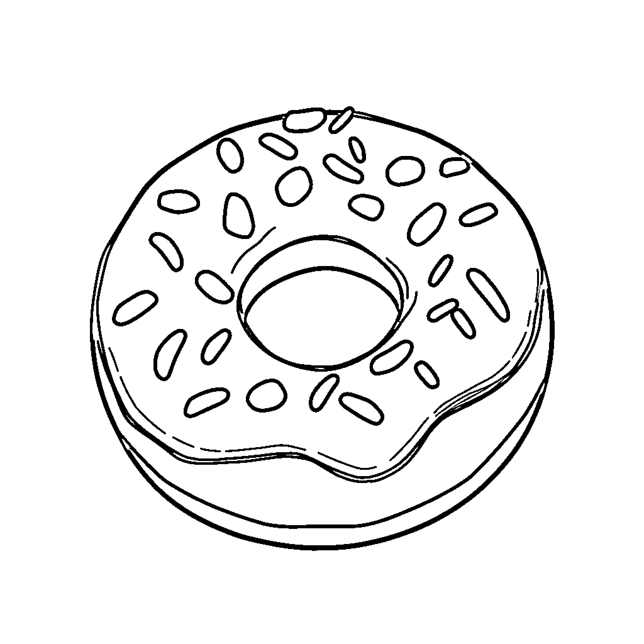 Donut with sprinkles and hole in the center Coloring Page (free black-and-white line drawing printable PDF for all, from beginners to advanced learners, including children, teens, adults, and seniors)