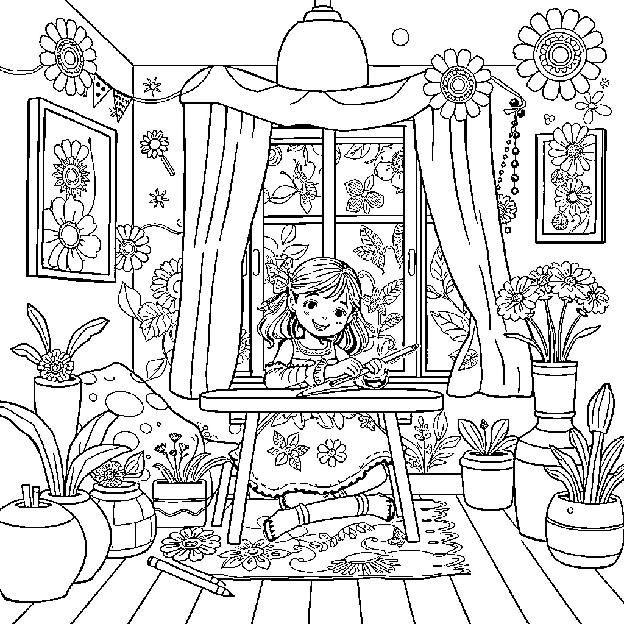 Girl creating a flower-filled artwork in her cozy studio Coloring Page (free black-and-white line drawing printable PDF for all, from beginners to advanced learners, including children, teens, adults, and seniors)