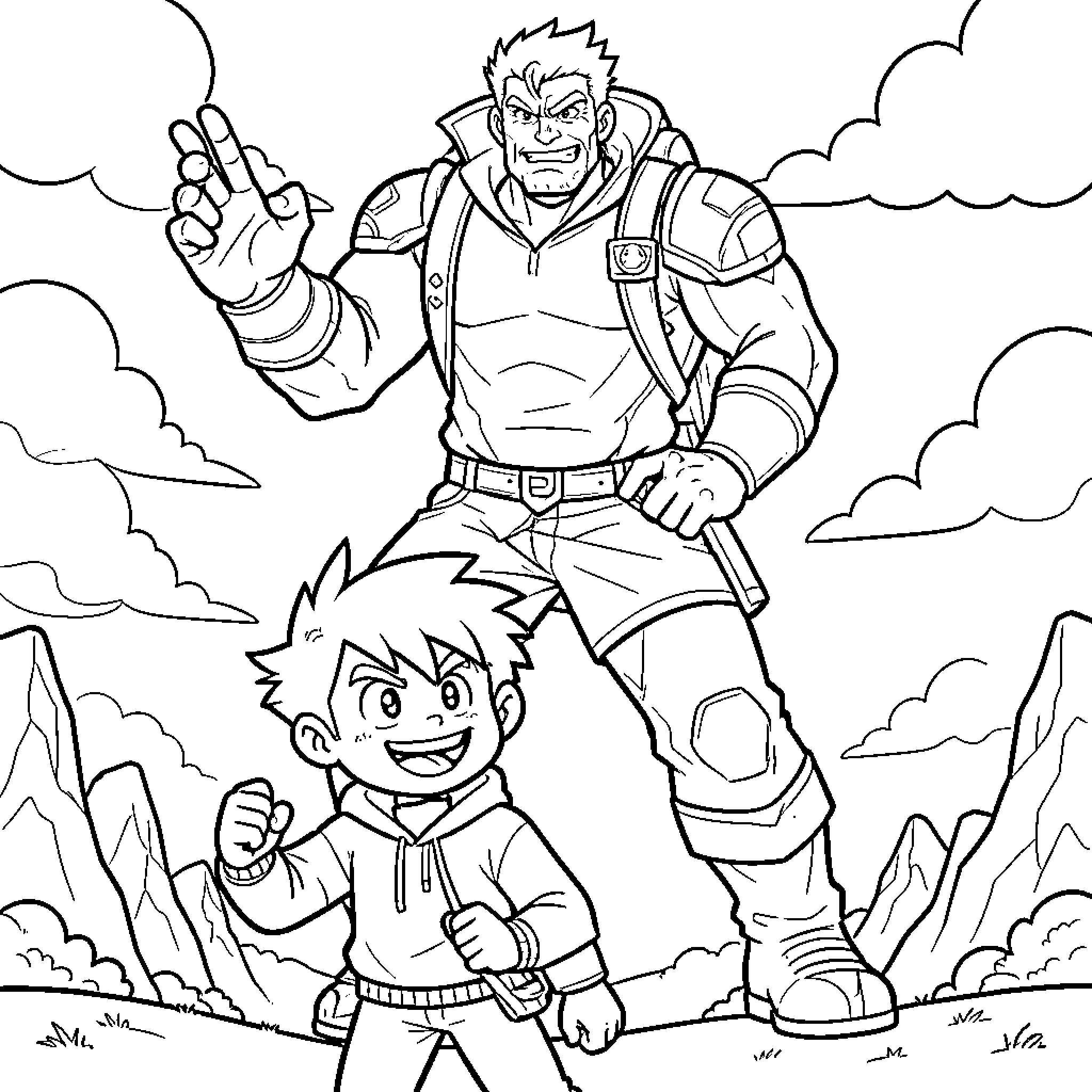 Jack and the Beanstalk: Jack and the Giant's Adventure Coloring Page (free black-and-white line drawing printable PDF for all, from beginners to advanced learners, including children, teens, adults, and seniors)