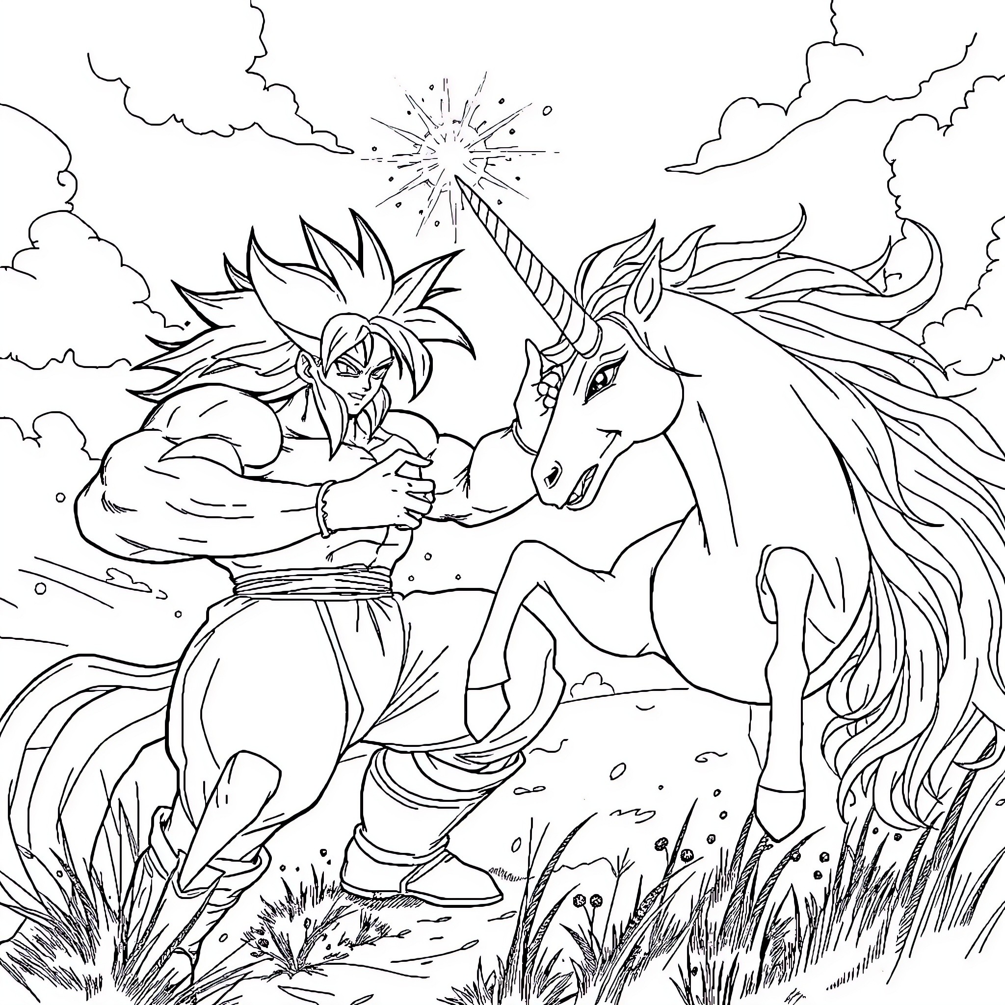 Broly's Powerful Encounter with the Majestic Unicorn Coloring Page (free black-and-white line drawing printable PDF for all, from beginners to advanced learners, including children, teens, adults, and seniors)