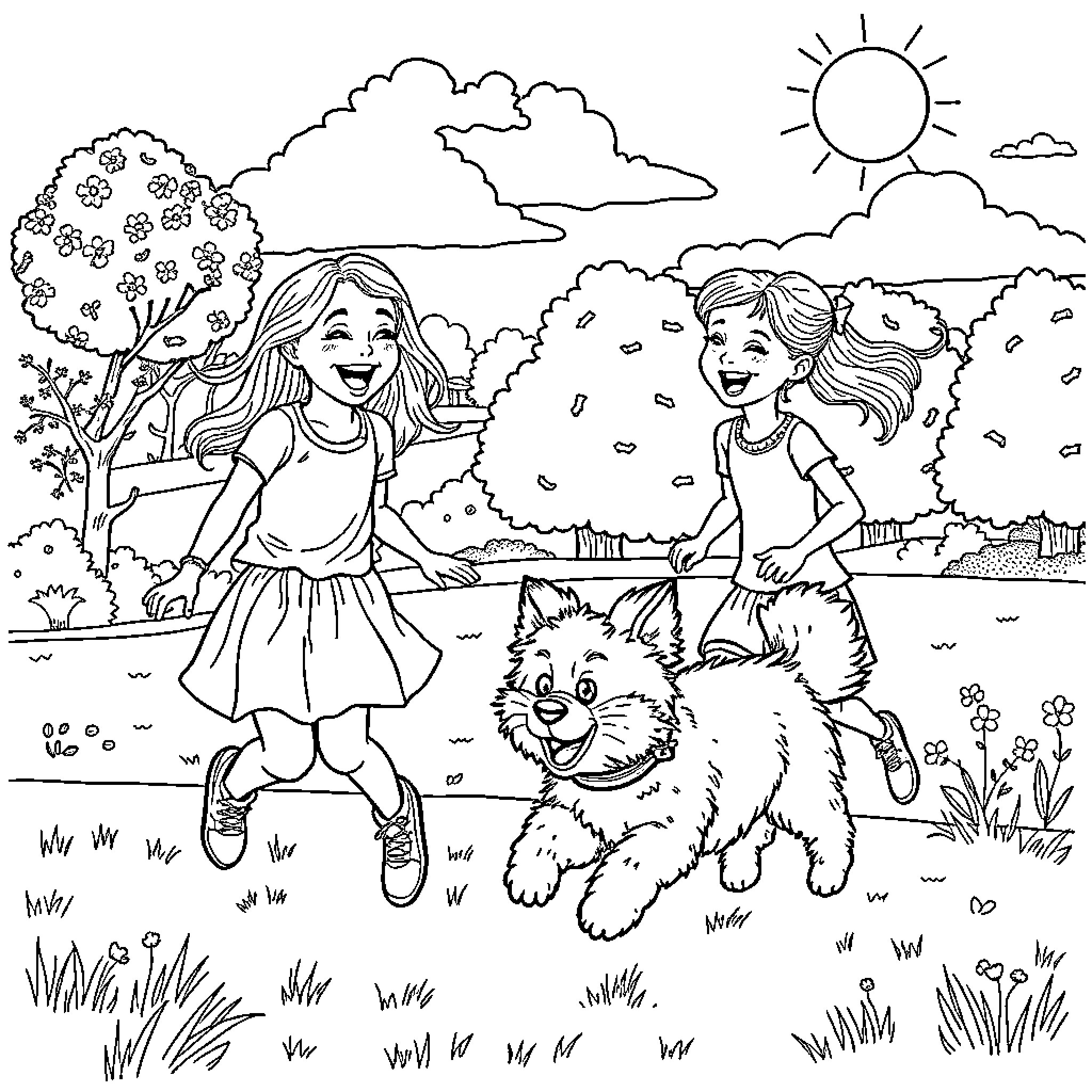 Girl friends enjoying a sunny day with their dog Coloring Page (free black-and-white line drawing printable PDF for all, from beginners to advanced learners, including children, teens, adults, and seniors)