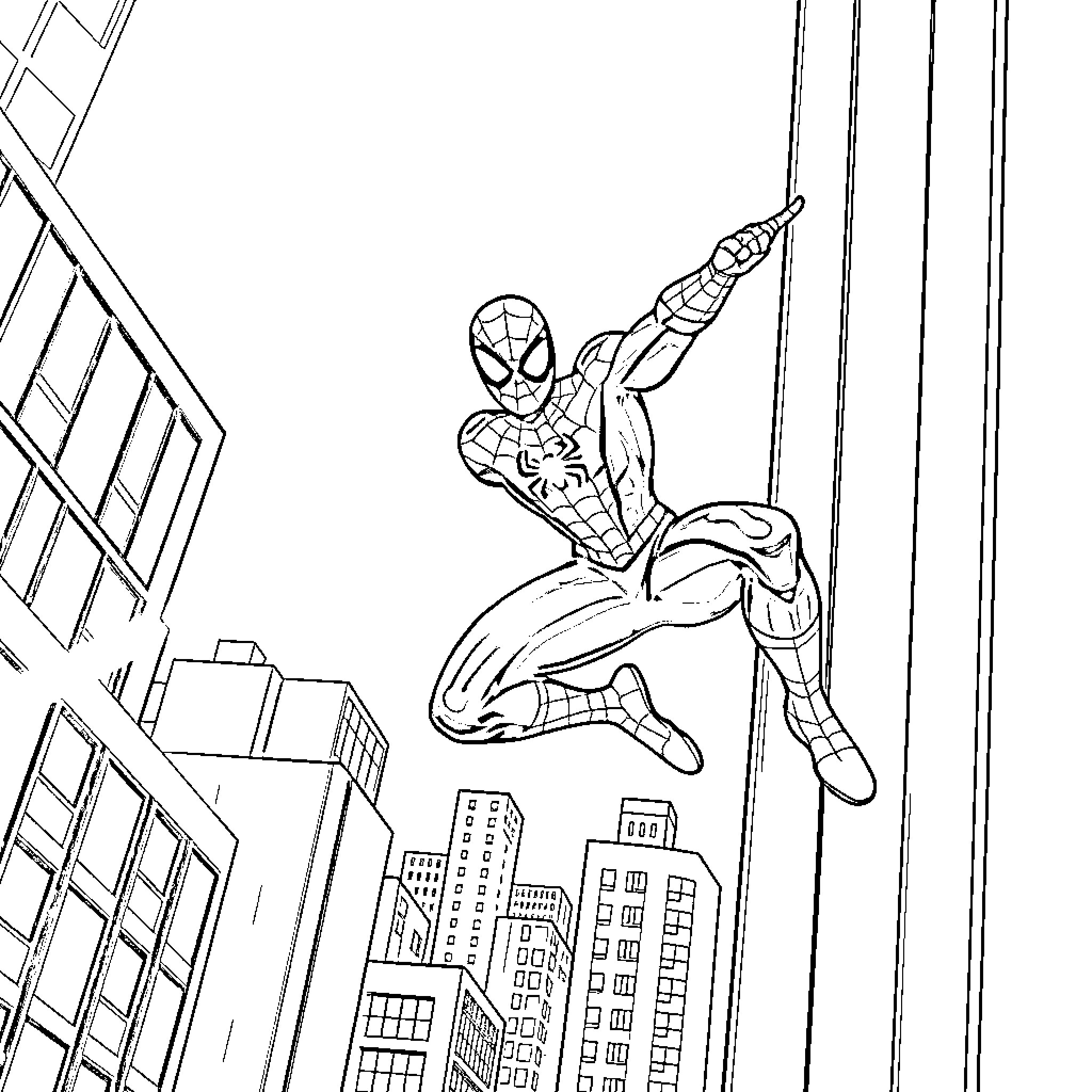 Spiderman heroically swinging through the city Coloring Page (free black-and-white line drawing printable PDF for all, from beginners to advanced learners, including children, teens, adults, and seniors)