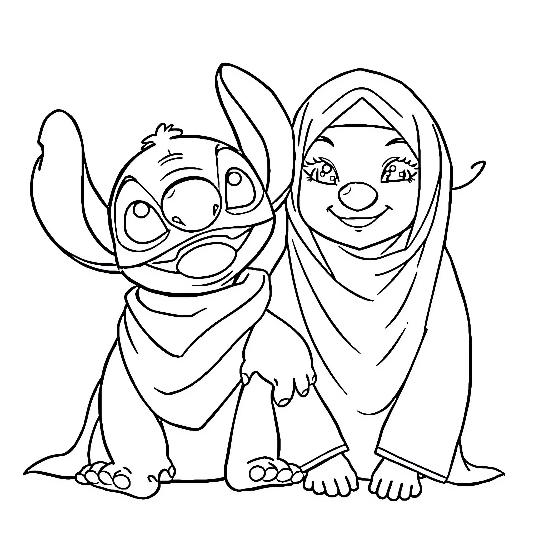 Stitch and his friend in happy embrace Coloring Page (free black-and-white line drawing printable PDF for all, from beginners to advanced learners, including children, teens, adults, and seniors)
