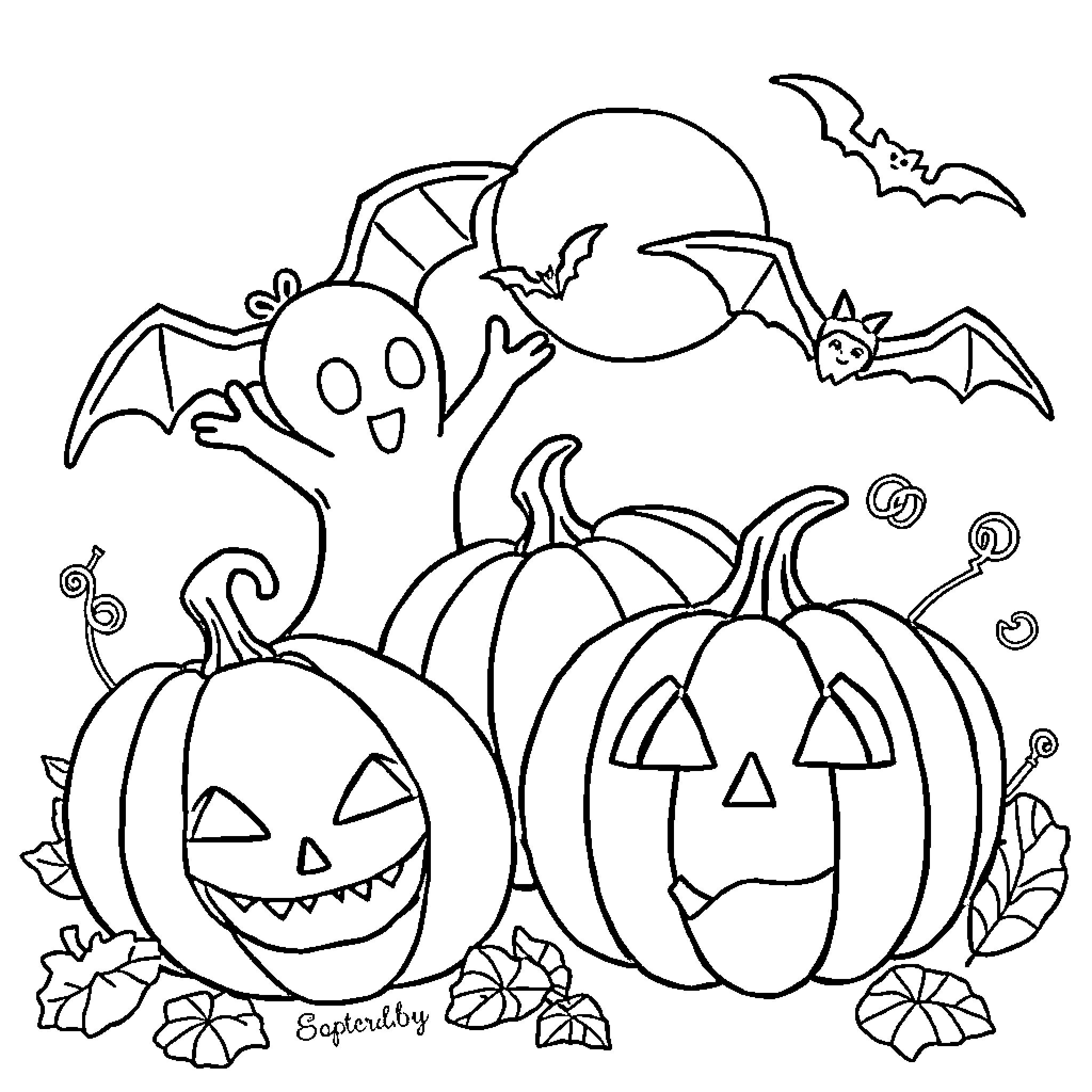 Halloween spooky scene with pumpkins and bats Coloring Page (free black-and-white line drawing printable PDF for all, from beginners to advanced learners, including children, teens, adults, and seniors)