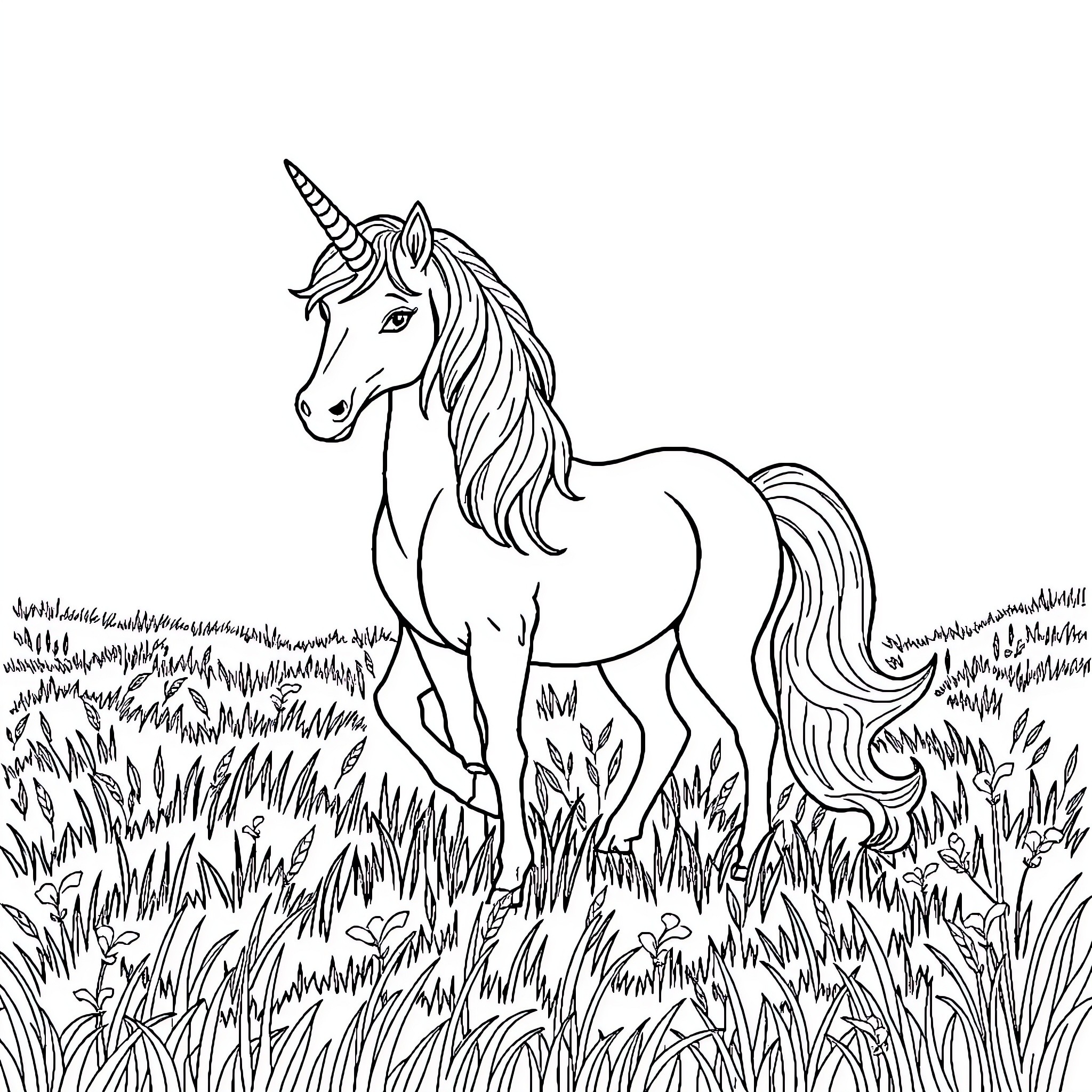 Unicorn standing proudly in a lush meadow Coloring Page (free black-and-white line drawing printable PDF for all, from beginners to advanced learners, including children, teens, adults, and seniors)