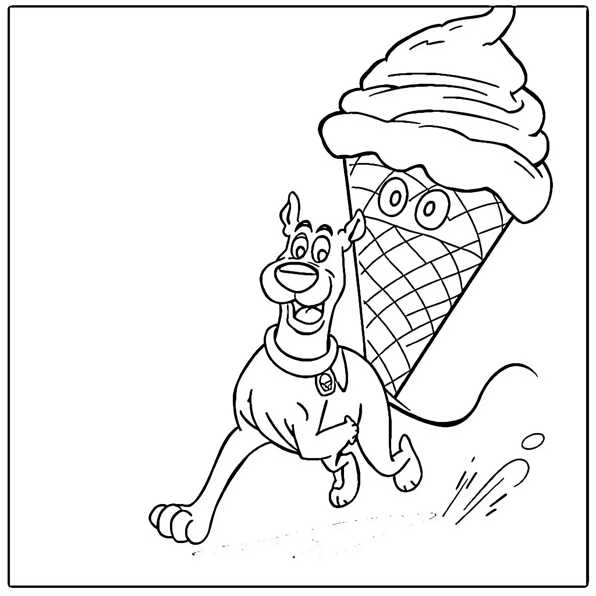 Scooby Doo enjoying an ice cream treat Coloring Page (free black-and-white line drawing printable PDF for all, from beginners to advanced learners, including children, teens, adults, and seniors)