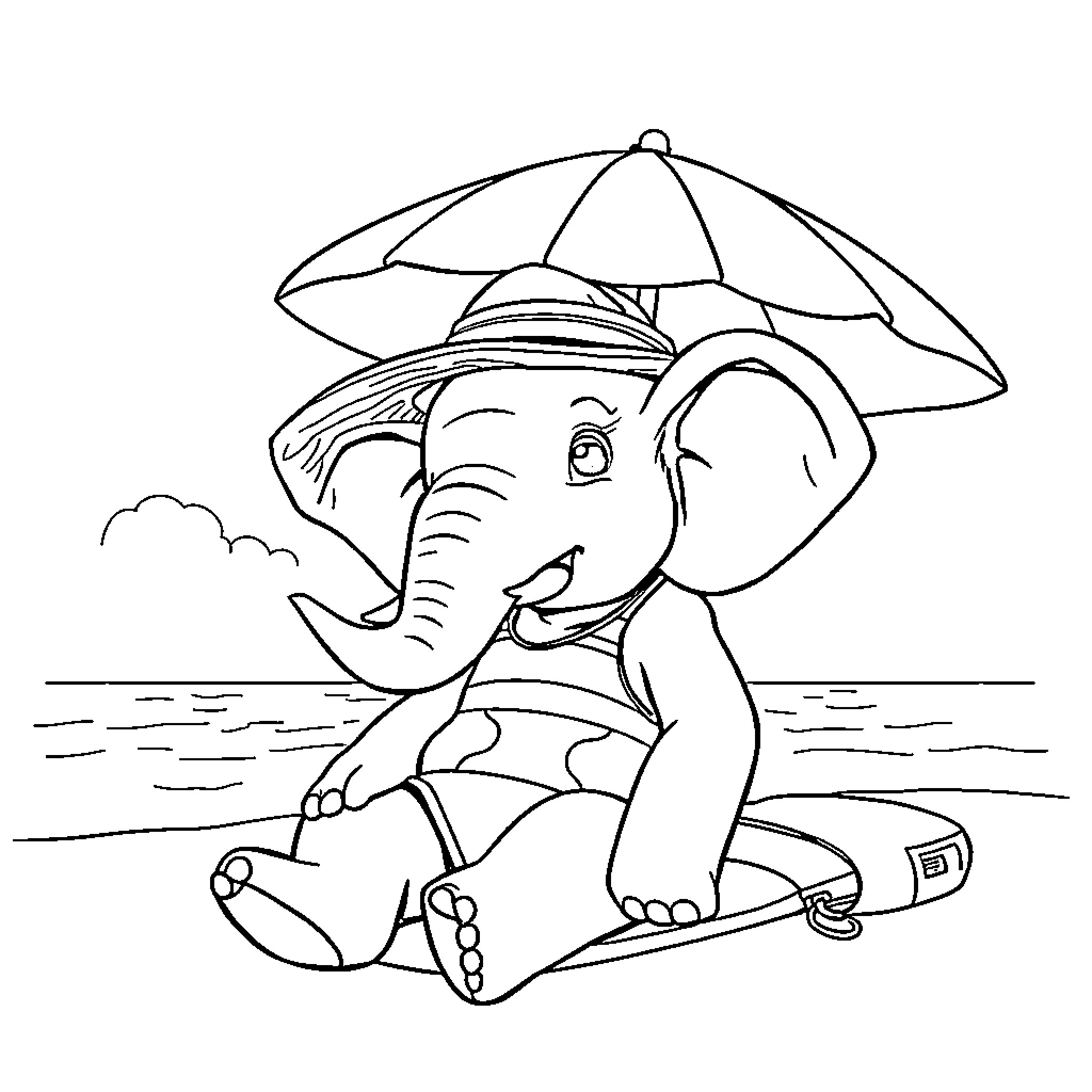 Elephant relaxing on the beach under an umbrella Coloring Page (free black-and-white line drawing printable PDF for all, from beginners to advanced learners, including children, teens, adults, and seniors)