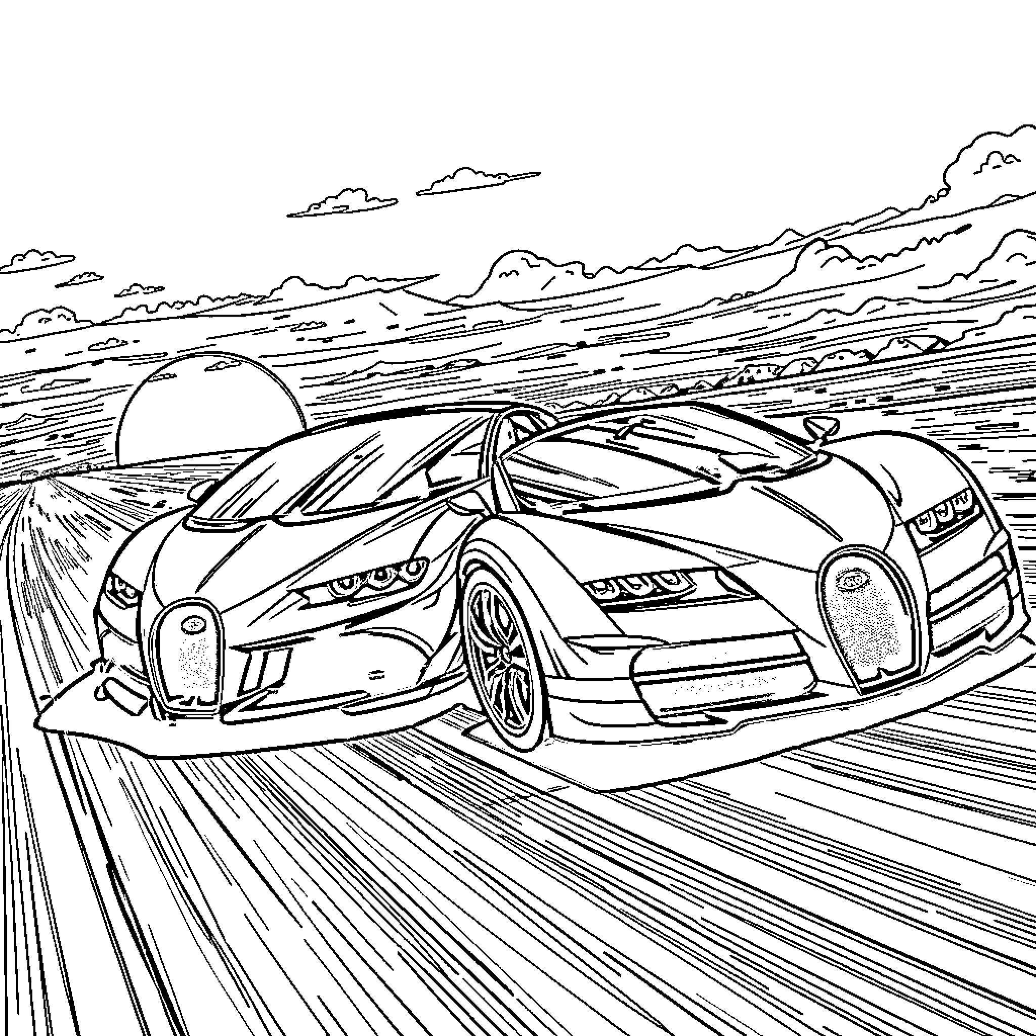 Car speeding on scenic desert road Coloring Page (free black-and-white line drawing printable PDF for all, from beginners to advanced learners, including children, teens, adults, and seniors)