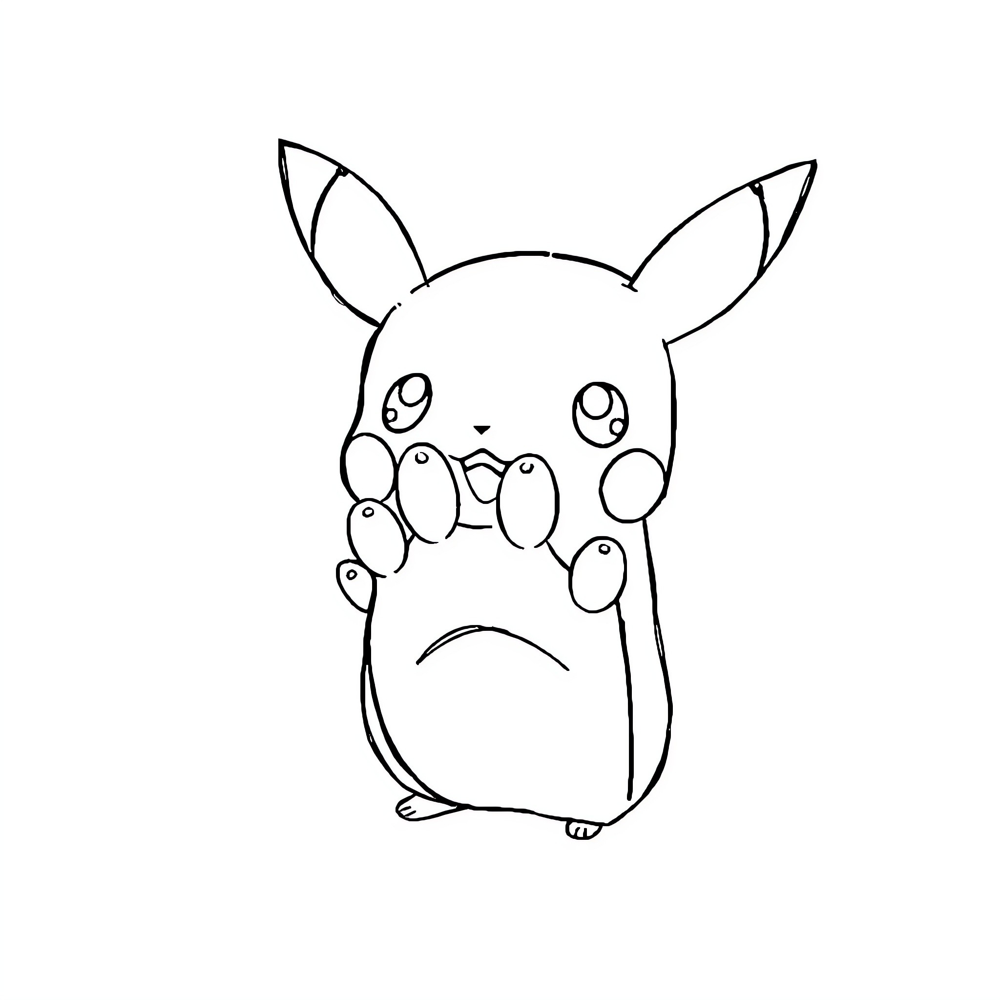 Pikachu with Sad Expression Coloring Page (free black-and-white line drawing printable PDF for all, from beginners to advanced learners, including children, teens, adults, and seniors)
