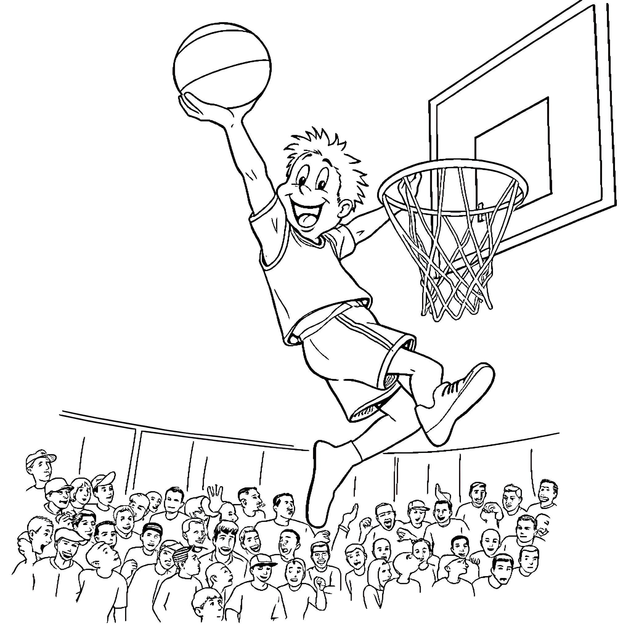 Ernest dunking the ball with excitement Coloring Page (free black-and-white line drawing printable PDF for all, from beginners to advanced learners, including children, teens, adults, and seniors)