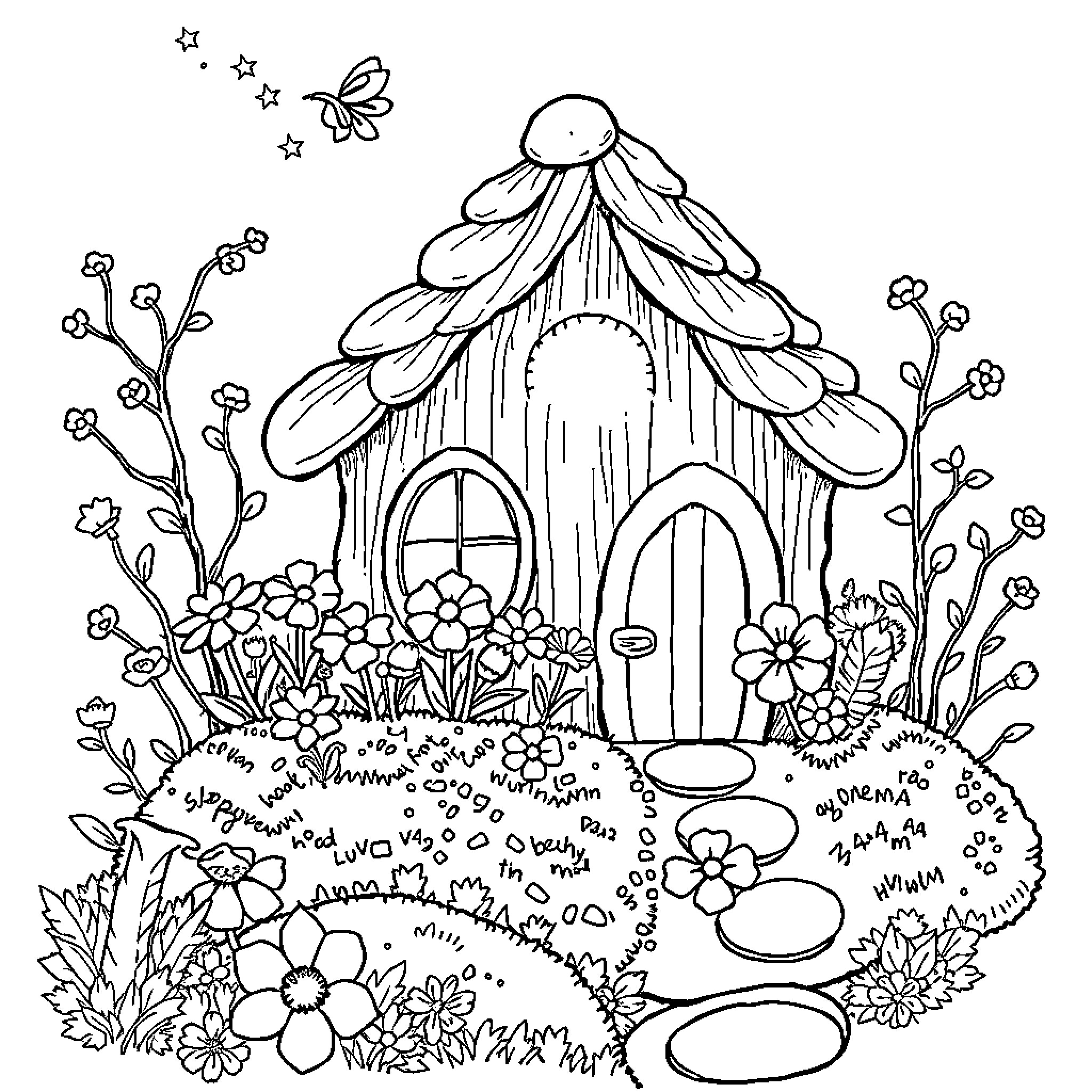 Fairy house surrounded by whimsical flowers and stars Coloring Page (free black-and-white line drawing printable PDF for all, from beginners to advanced learners, including children, teens, adults, and seniors)