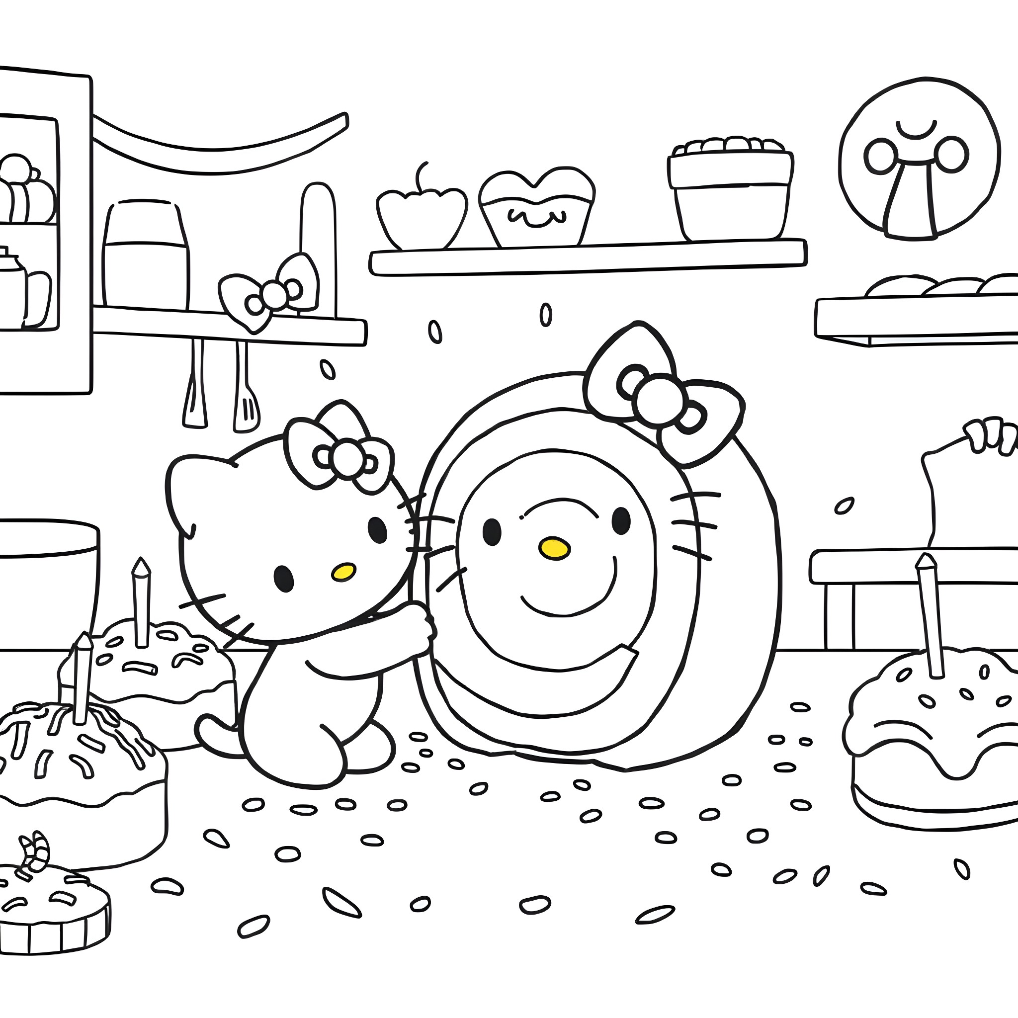 Cinnamon Roll Hello Kitty and Friends in the Kitchen Coloring Page (free black-and-white line drawing printable PDF for all, from beginners to advanced learners, including children, teens, adults, and seniors)