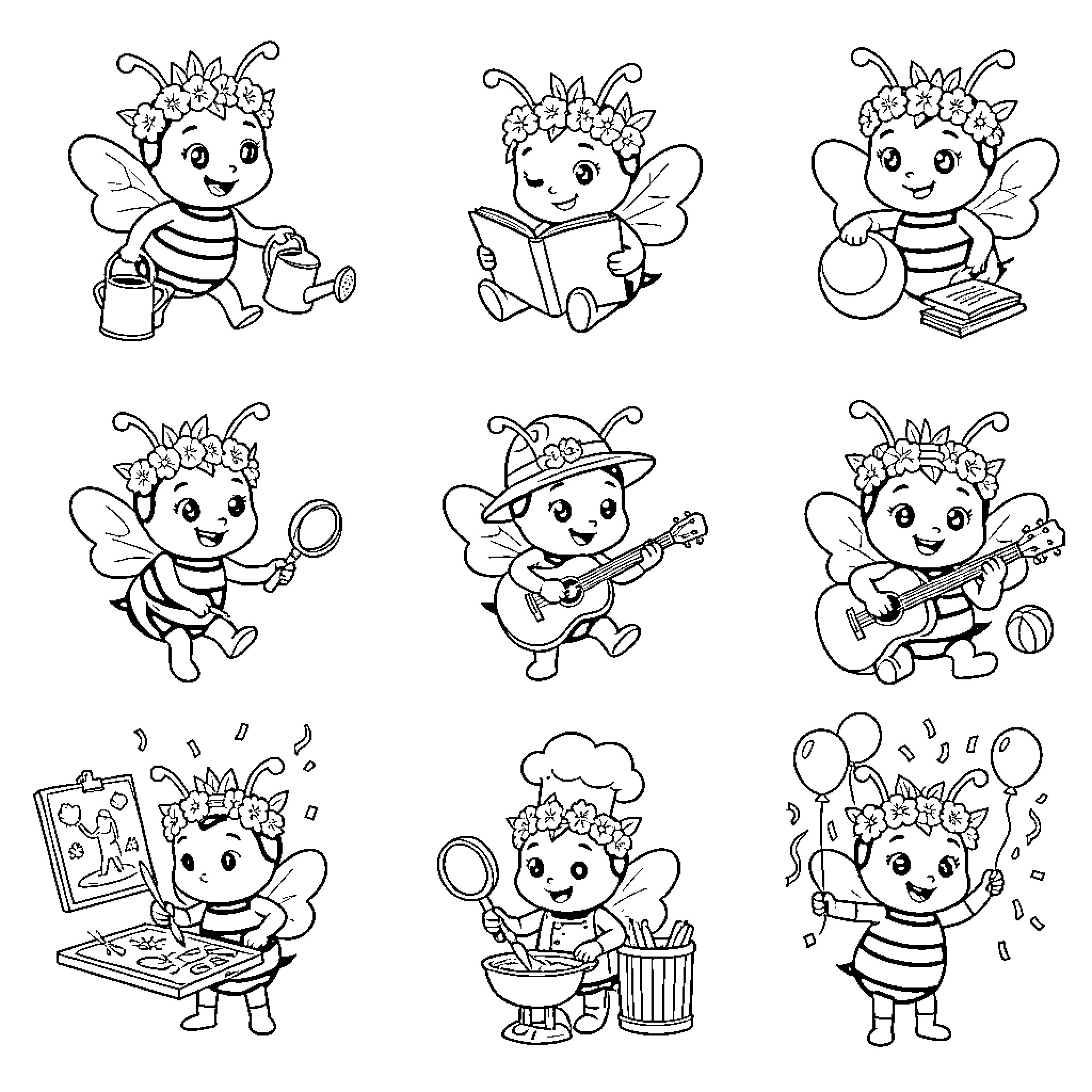 Bee engaging in various fun and creative activities Coloring Page (free black-and-white line drawing printable PDF for all, from beginners to advanced learners, including children, teens, adults, and seniors)