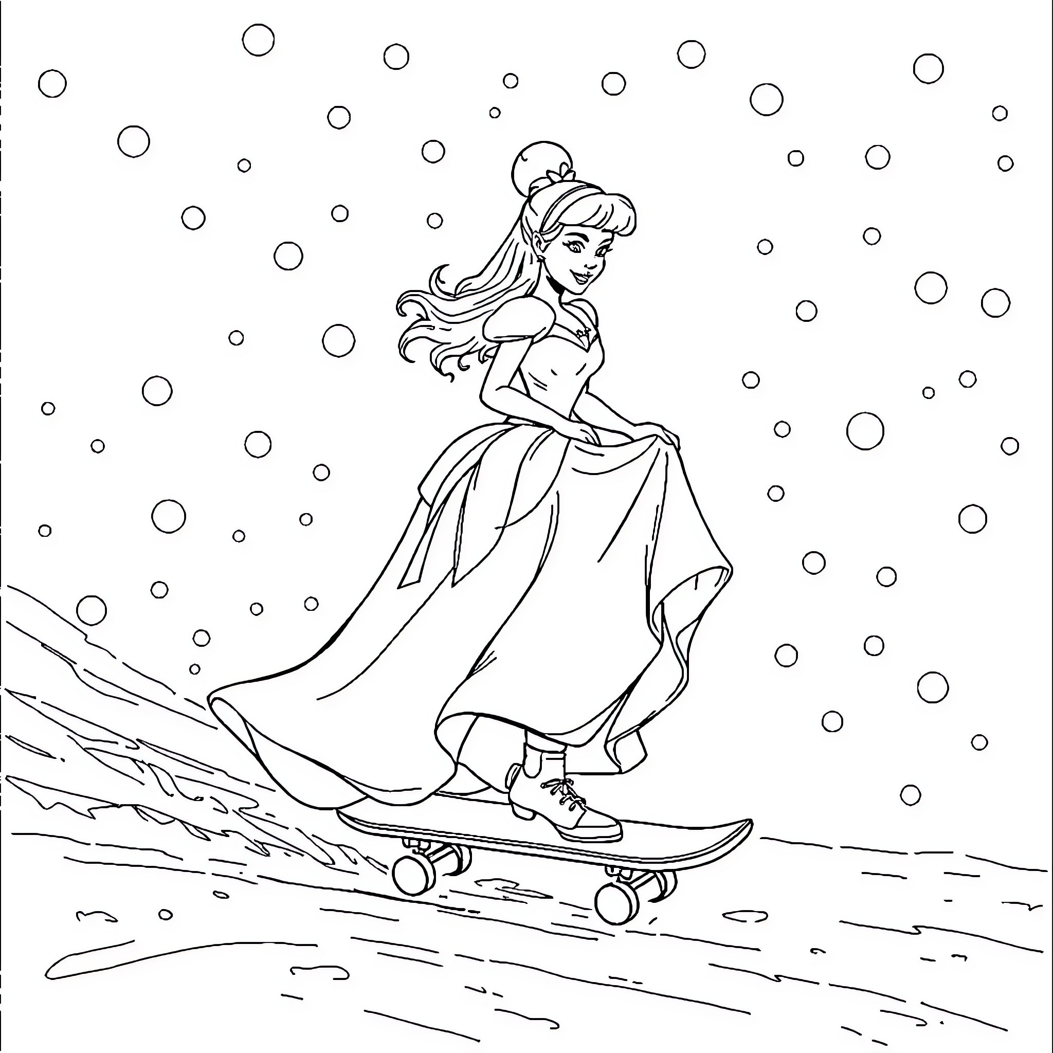 Cinderella skating on a skateboard in the snow Coloring Page (free black-and-white line drawing printable PDF for all, from beginners to advanced learners, including children, teens, adults, and seniors)