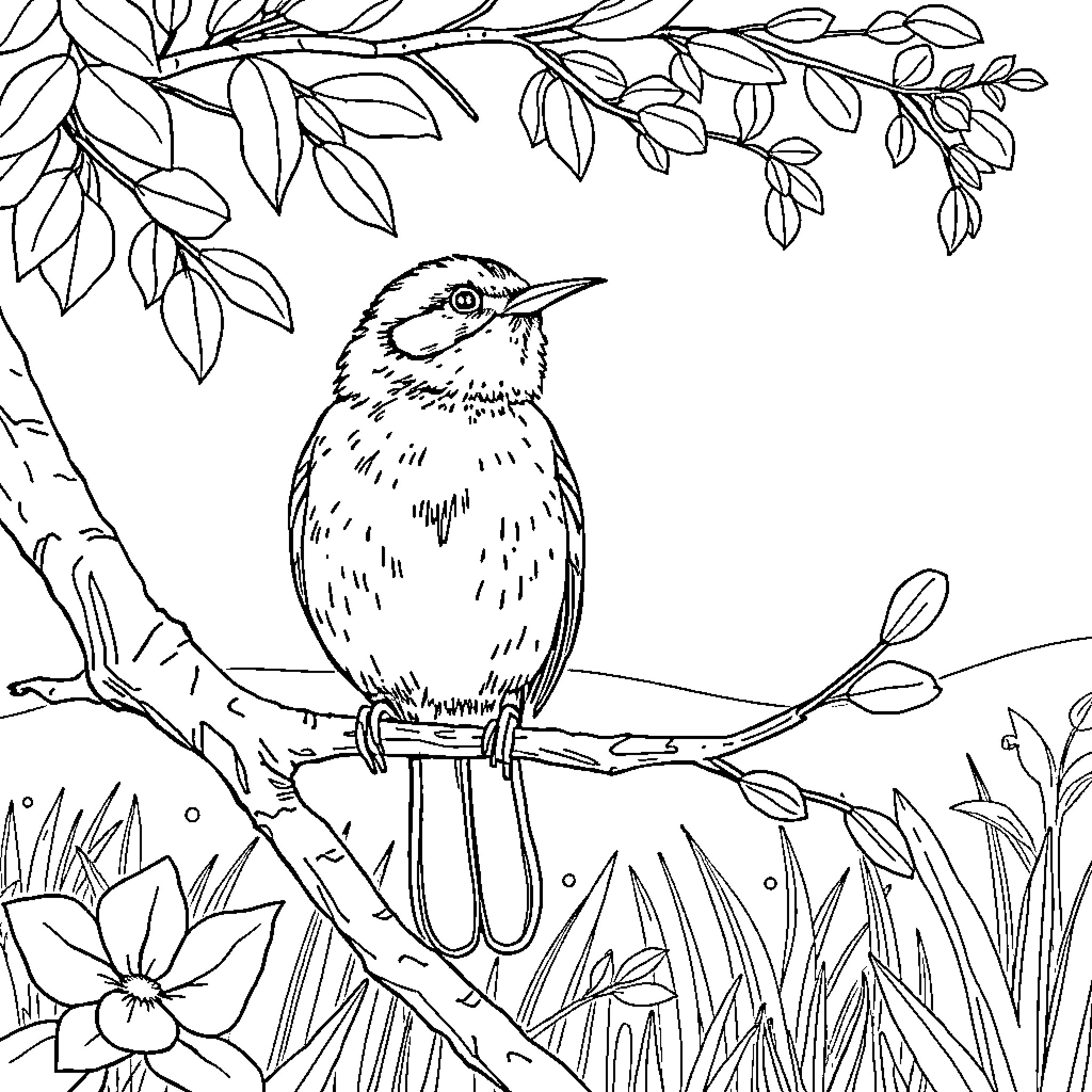Cicada perched on a branch surrounded by nature Coloring Page (free black-and-white line drawing printable PDF for all, from beginners to advanced learners, including children, teens, adults, and seniors)