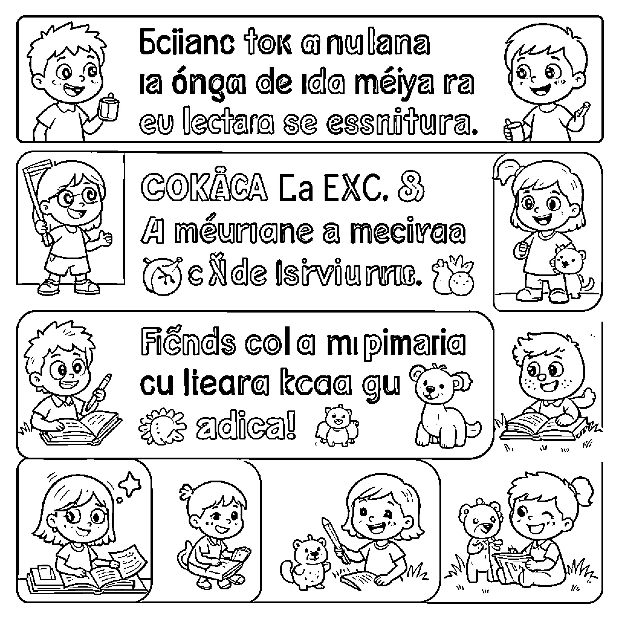 Reading and Writing with Cheerful Children Coloring Page (free black-and-white line drawing printable PDF for all, from beginners to advanced learners, including children, teens, adults, and seniors)