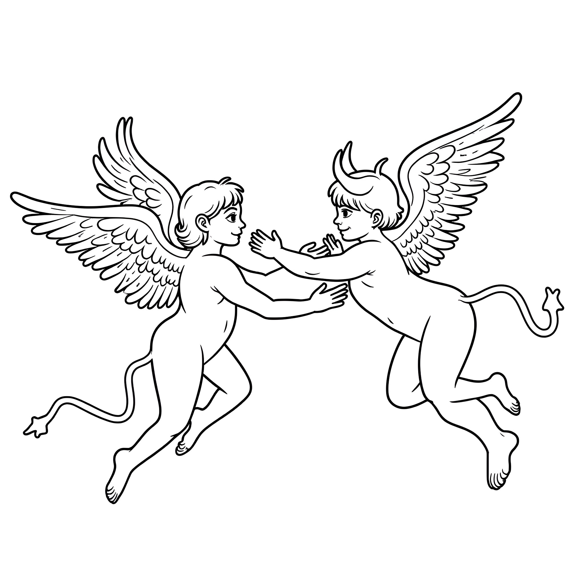 Angel figures embracing with outstretched wings Coloring Page (free black-and-white line drawing printable PDF for all, from beginners to advanced learners, including children, teens, adults, and seniors)