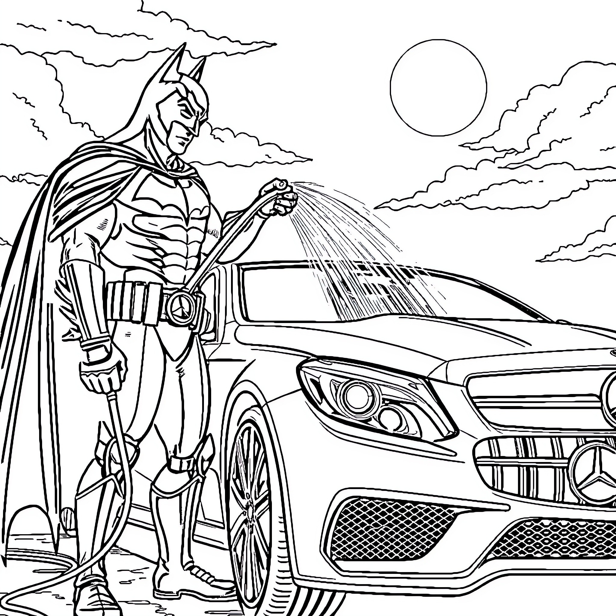 Batman inspecting his high-tech vehicle in the night Coloring Page (free black-and-white line drawing printable PDF for all, from beginners to advanced learners, including children, teens, adults, and seniors)