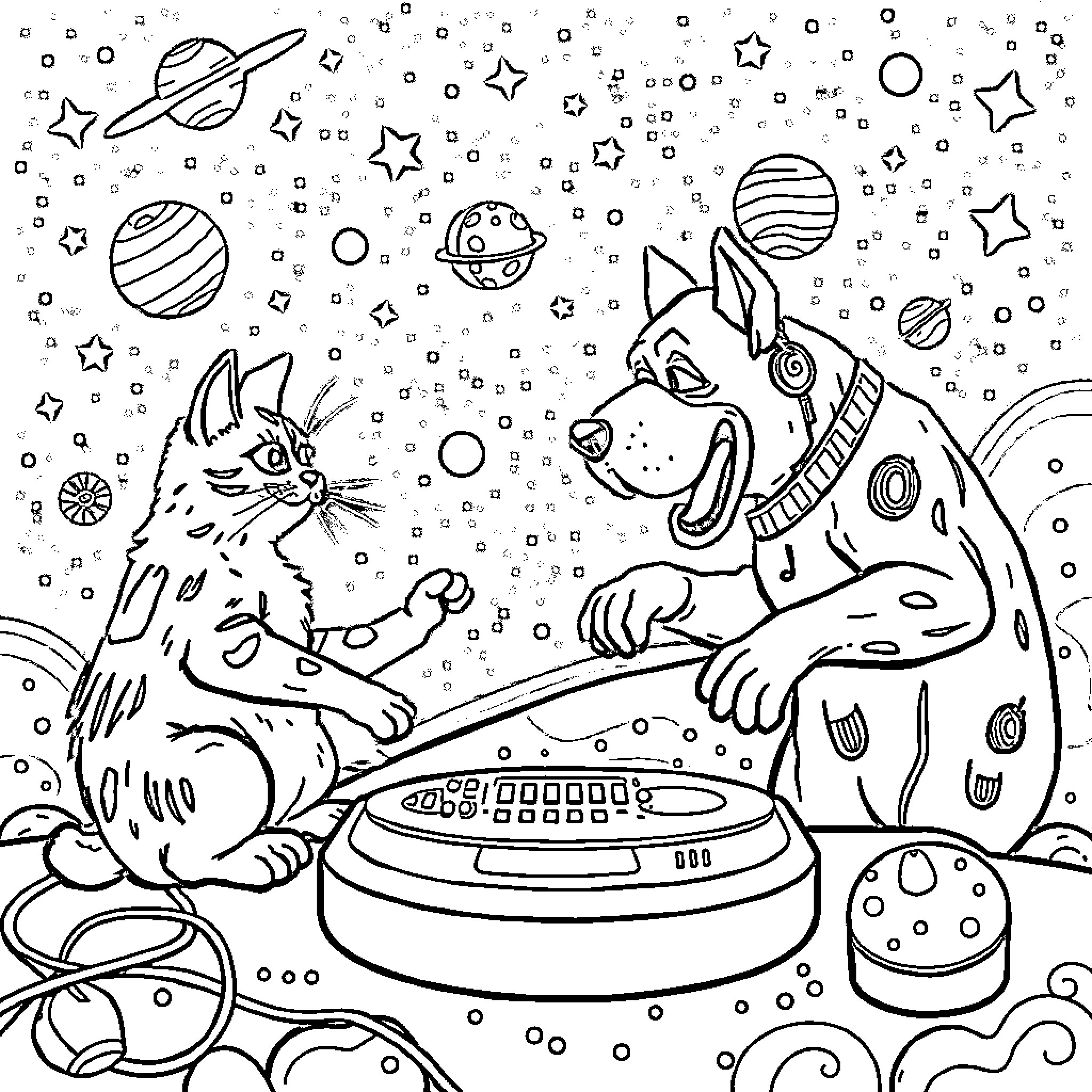Cats Exploring Outer Space Playground Coloring Page (free black-and-white line drawing printable PDF for all, from beginners to advanced learners, including children, teens, adults, and seniors)