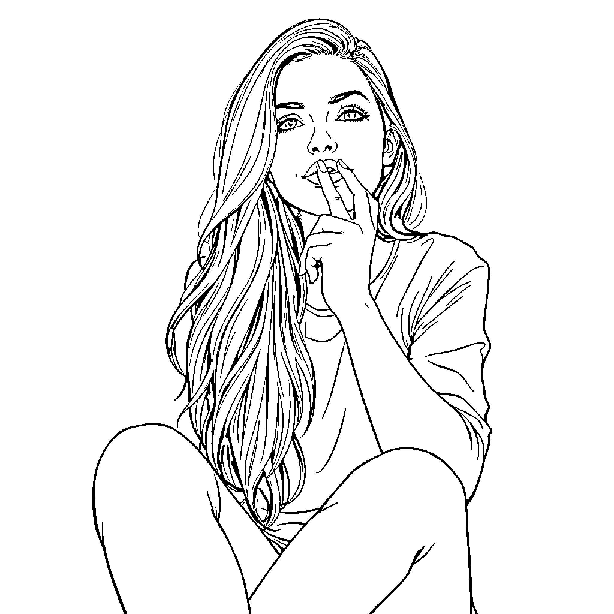 Girlfriend's Thoughtful Moment Coloring Page (free black-and-white line drawing printable PDF for all, from beginners to advanced learners, including children, teens, adults, and seniors)