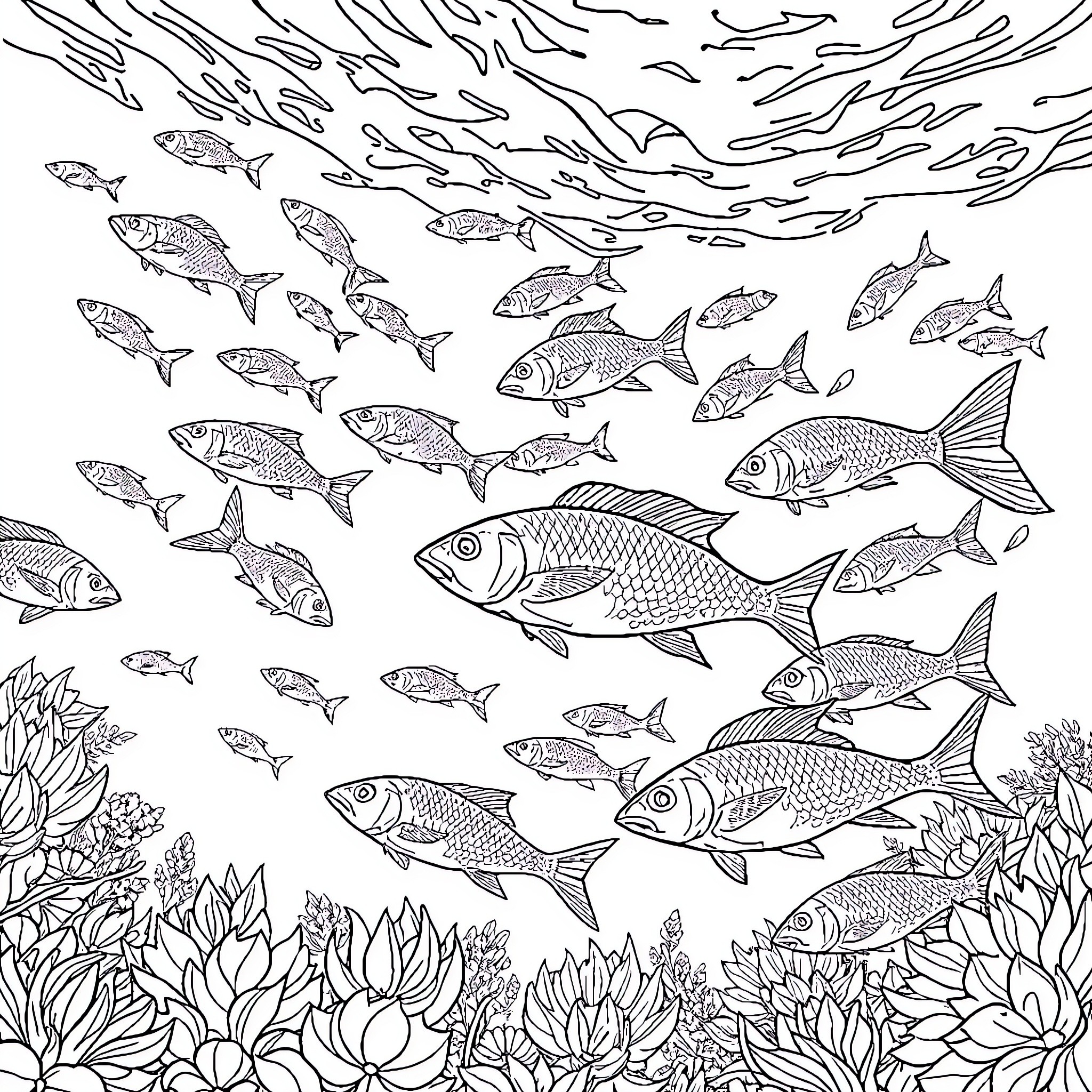 Fish swimming in an underwater scene Coloring Page (free black-and-white line drawing printable PDF for all, from beginners to advanced learners, including children, teens, adults, and seniors)