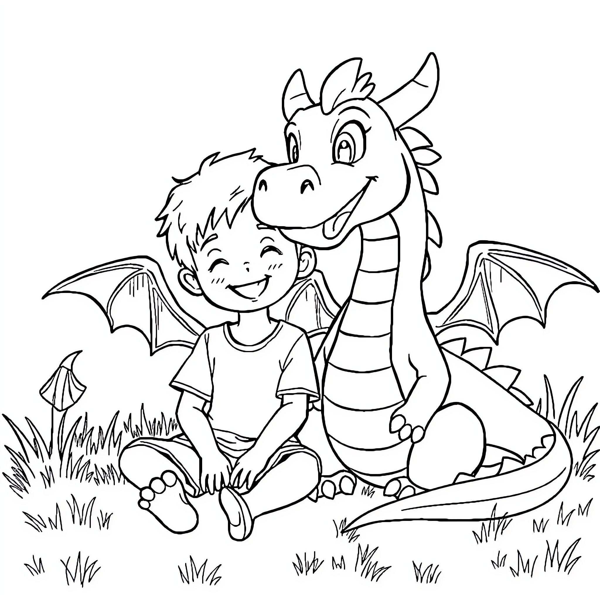 Kid bonding with friendly dragon in nature Coloring Page (free black-and-white line drawing printable PDF for all, from beginners to advanced learners, including children, teens, adults, and seniors)