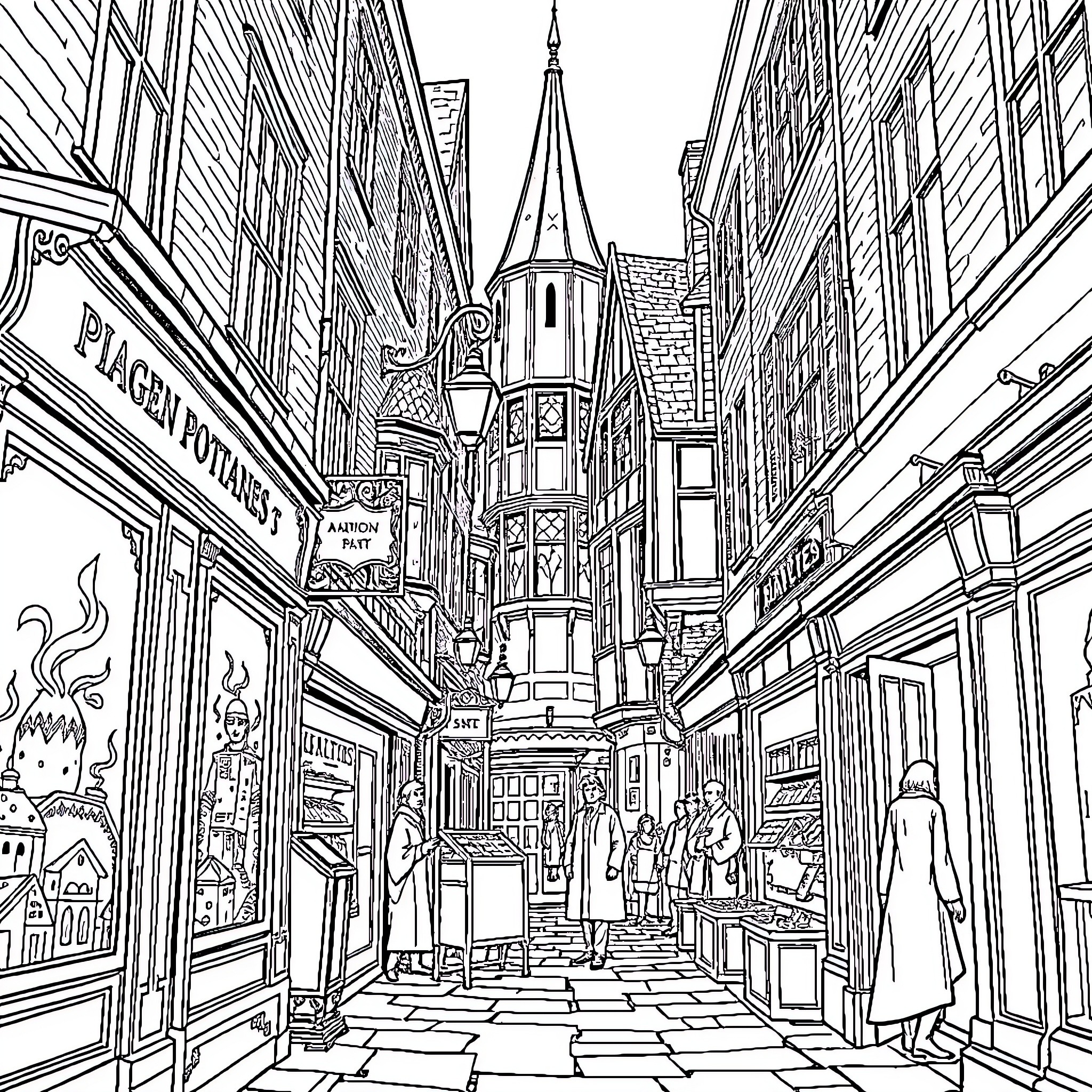 Diagon Alley: A Magical Marketplace of Whimsical Shops and Bustling Crowds Coloring Page (free black-and-white line drawing printable PDF for all, from beginners to advanced learners, including children, teens, adults, and seniors)