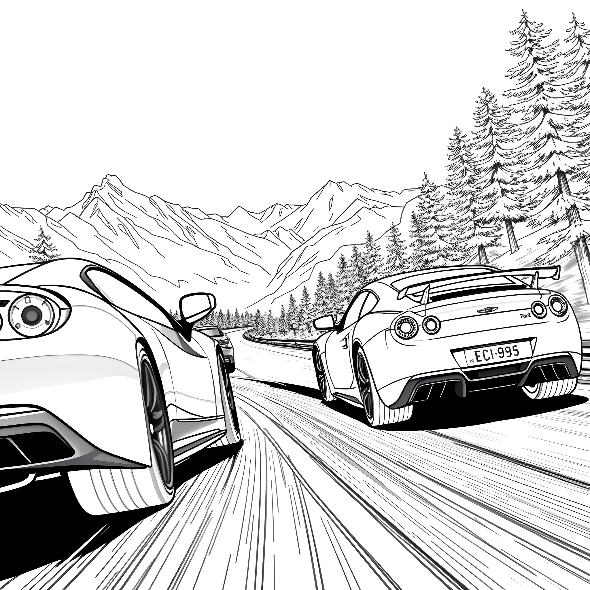 Cars racing through snowy mountain roads Coloring Page (free black-and-white line drawing printable PDF for all, from beginners to advanced learners, including children, teens, adults, and seniors)