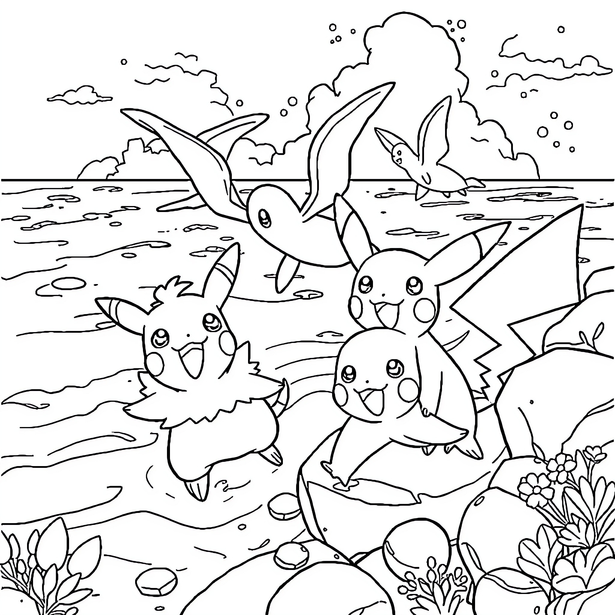 Pokémon group playing happily in underwater scene Coloring Page (free black-and-white line drawing printable PDF for all, from beginners to advanced learners, including children, teens, adults, and seniors)