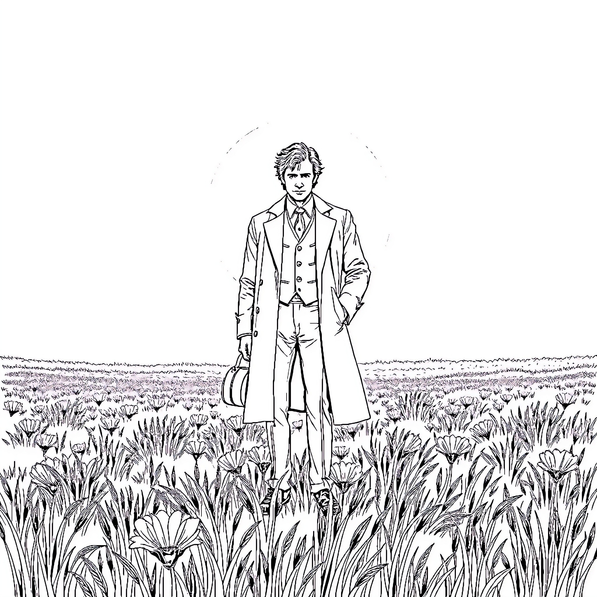 Doctor Standing Amidst a Lush Meadow Coloring Page (free black-and-white line drawing printable PDF for all, from beginners to advanced learners, including children, teens, adults, and seniors)