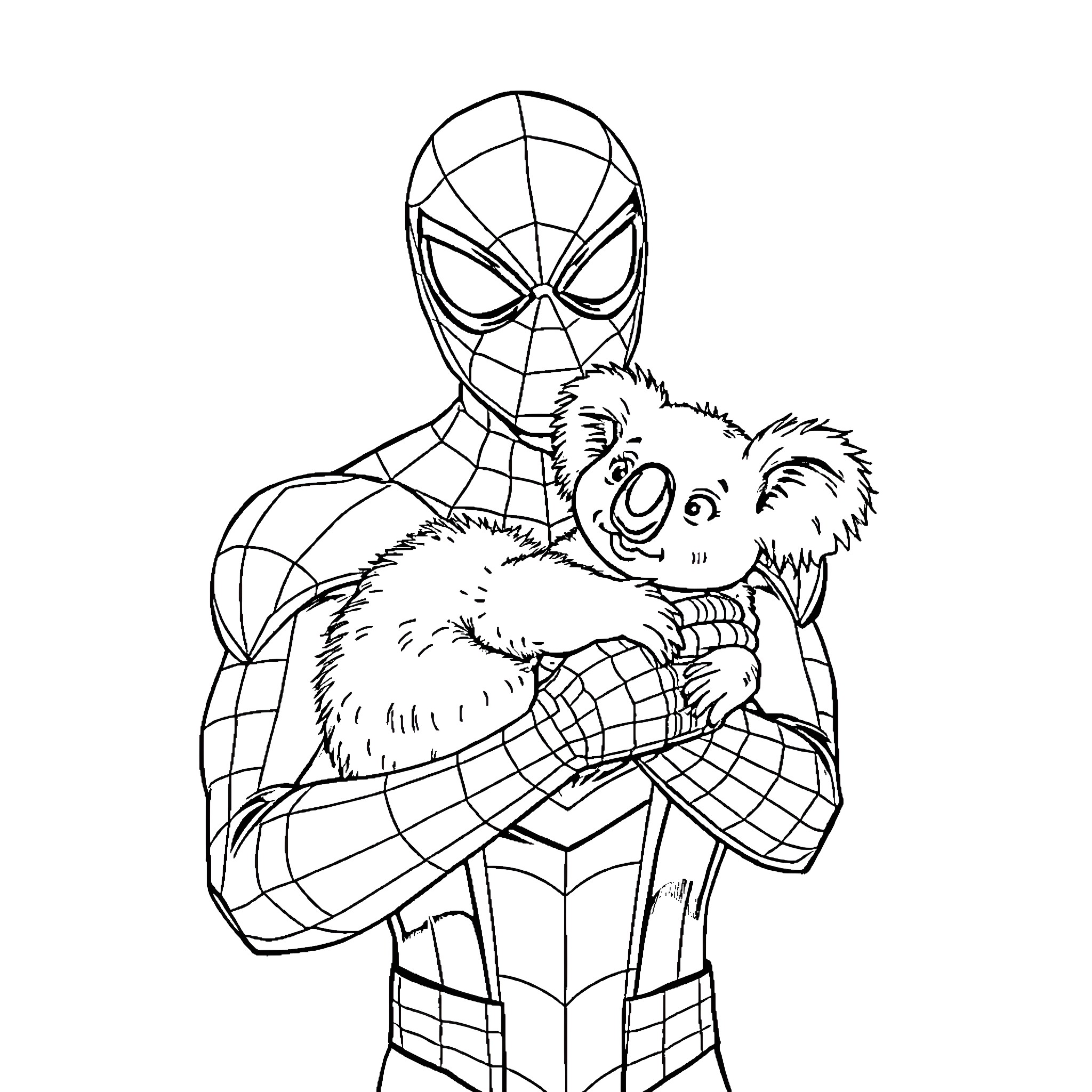 Spider-Man holding a furry friend Coloring Page (free black-and-white line drawing printable PDF for all, from beginners to advanced learners, including children, teens, adults, and seniors)