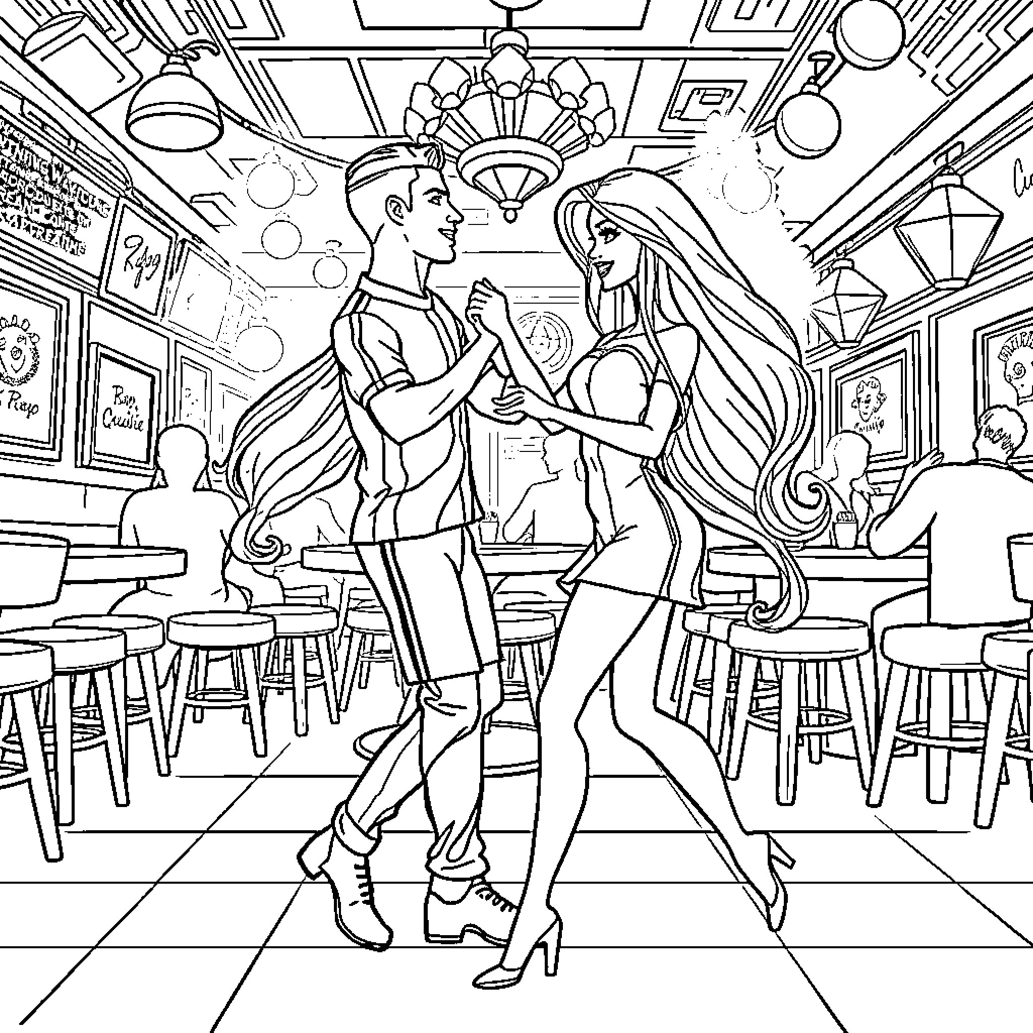 Barbie and Ken dancing in a retro cafe Coloring Page (free black-and-white line drawing printable PDF for all, from beginners to advanced learners, including children, teens, adults, and seniors)