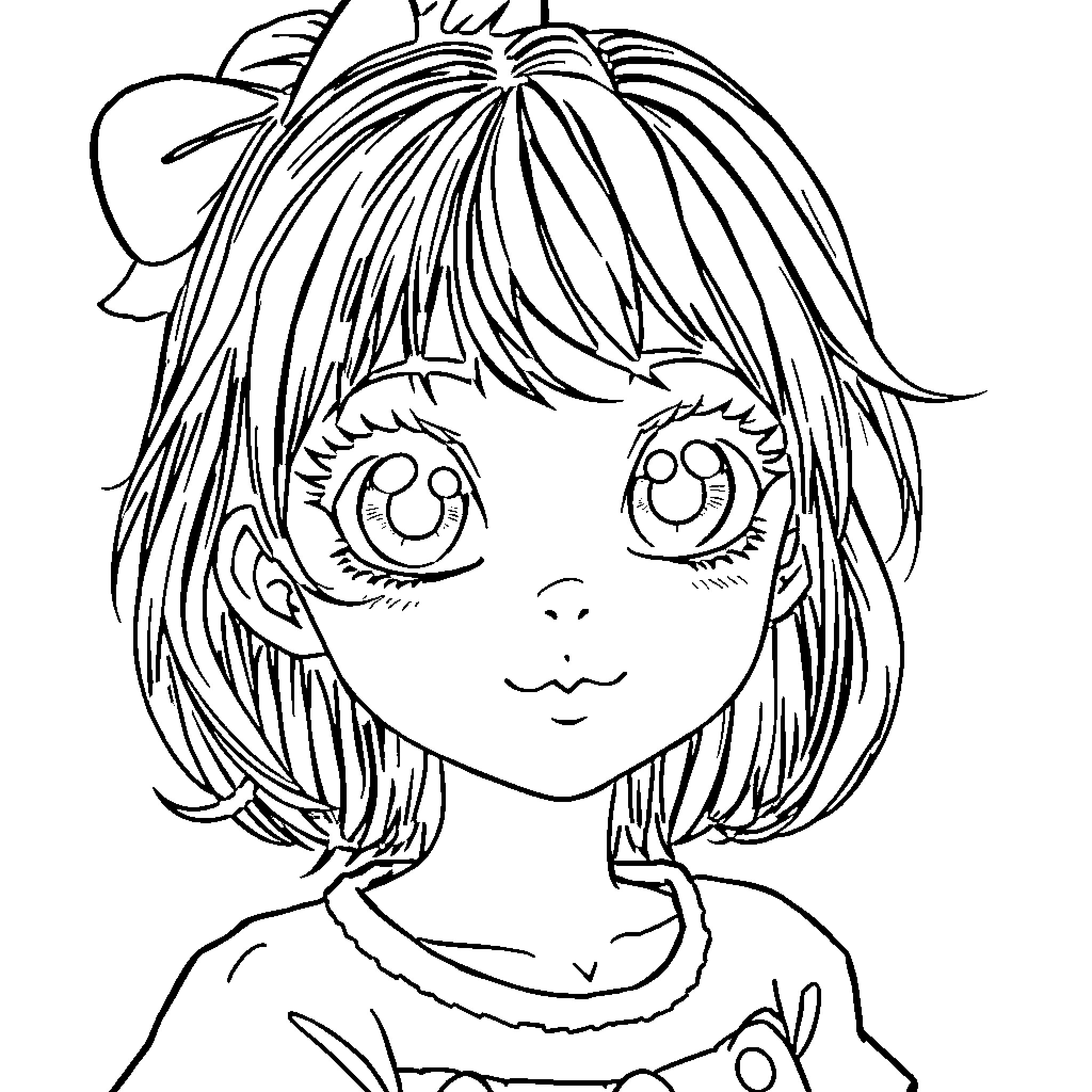 Anime Girl with Large Expressive Eyes Coloring Page (free black-and-white line drawing printable PDF for all, from beginners to advanced learners, including children, teens, adults, and seniors)