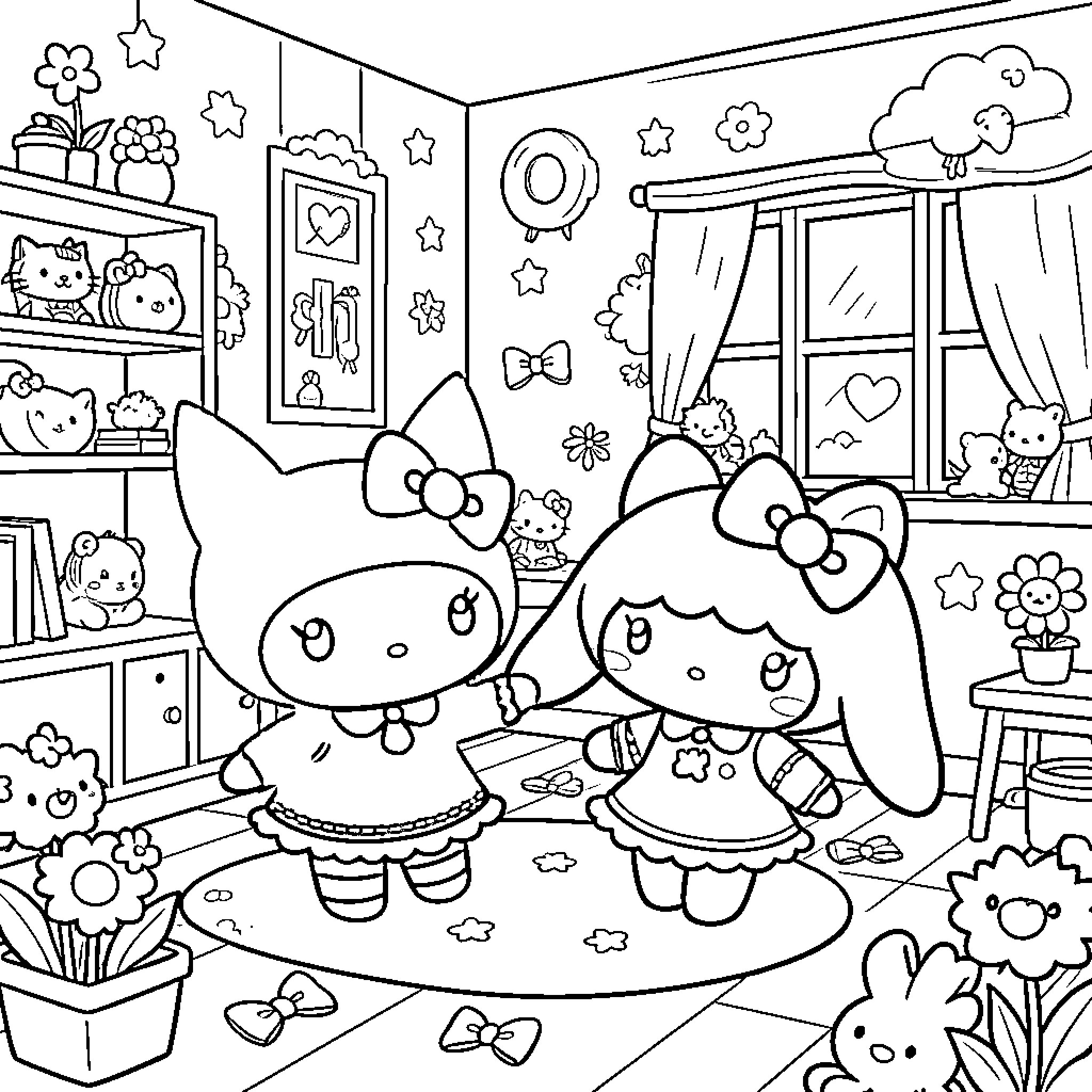 Kuromi in a Cozy and Whimsical Room Coloring Page (free black-and-white line drawing printable PDF for all, from beginners to advanced learners, including children, teens, adults, and seniors)