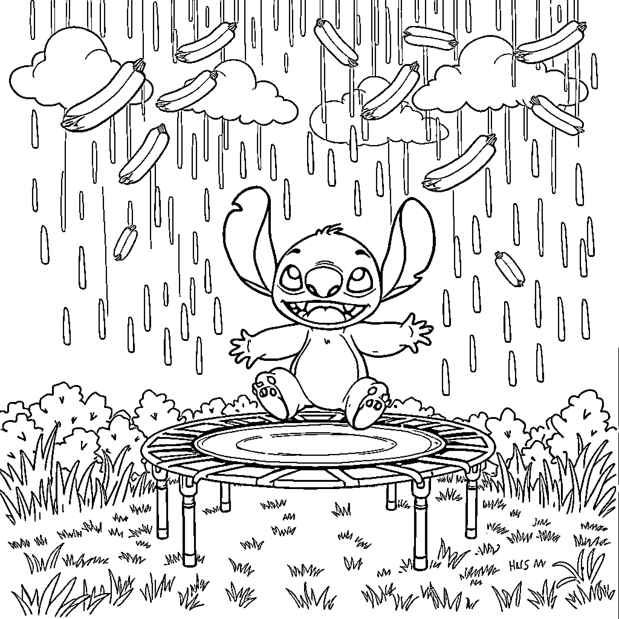 Stitch Jumping on Trampoline in the Rain Coloring Page (free black-and-white line drawing printable PDF for all, from beginners to advanced learners, including children, teens, adults, and seniors)