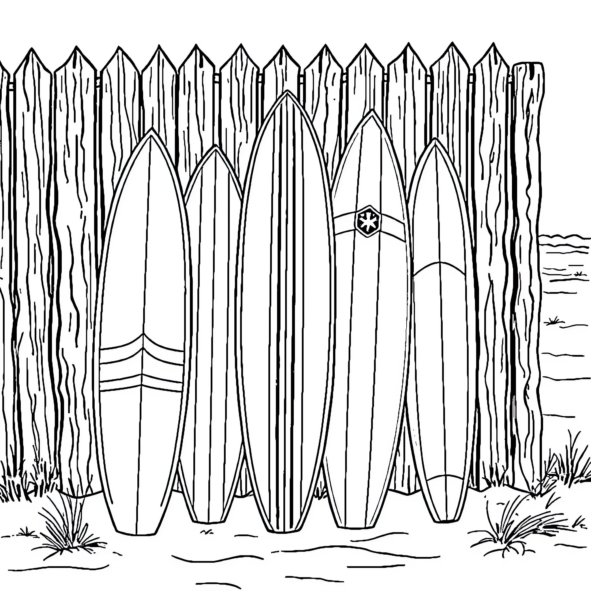Surfboard collection against wooden fence Coloring Page (free black-and-white line drawing printable PDF for all, from beginners to advanced learners, including children, teens, adults, and seniors)
